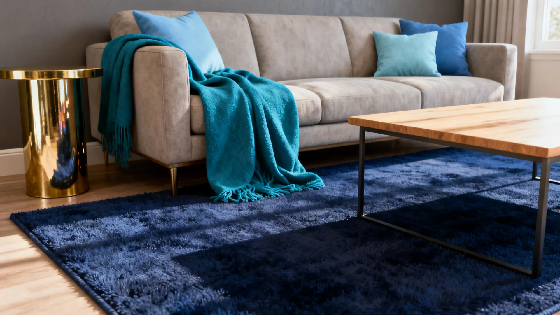 Small living room with layered blues: navy rug, teal throw, sky-blue cushions and brass accents.