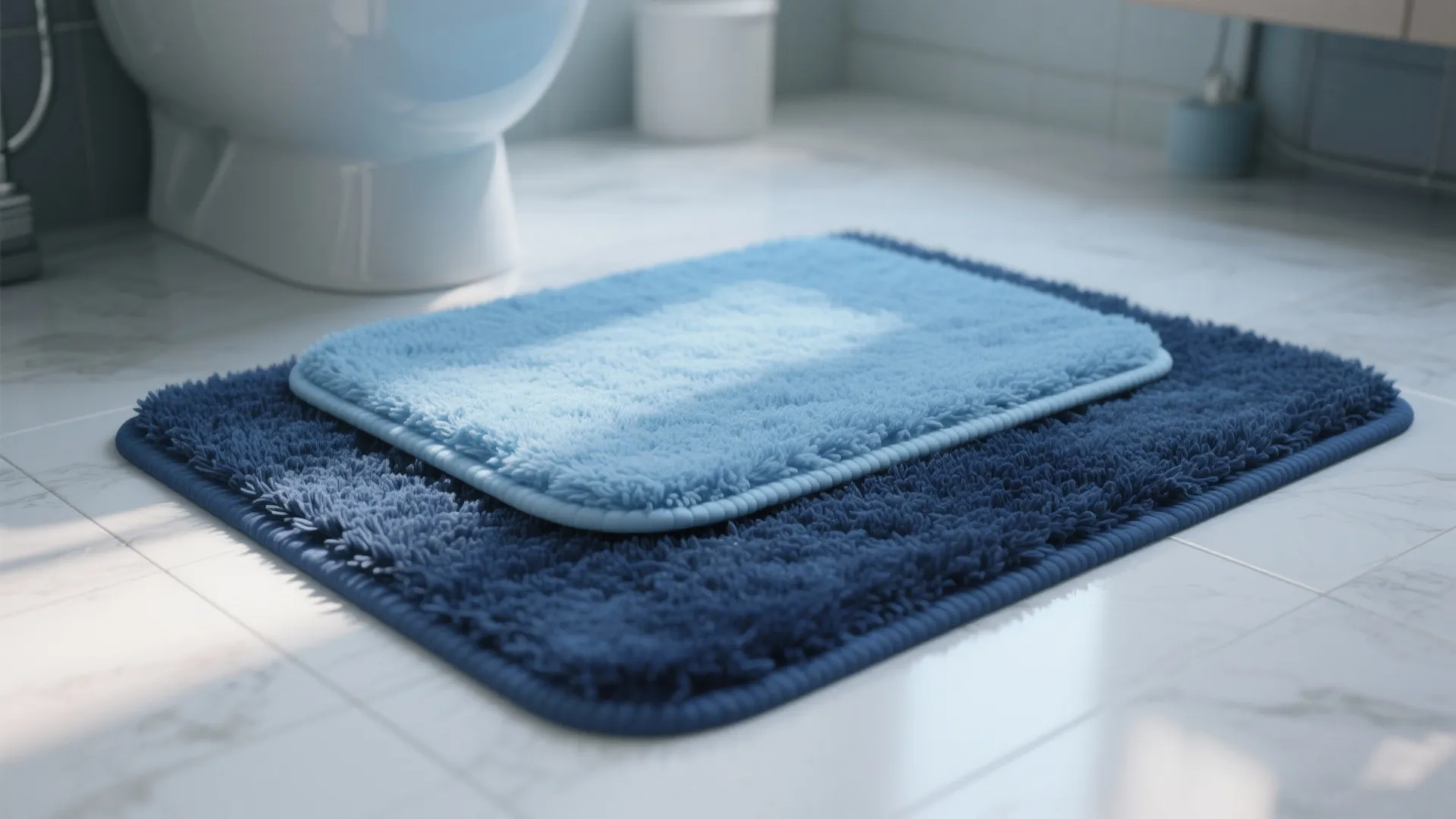 Close up view of light blue soft rug layered on dark blue rug in bathroom