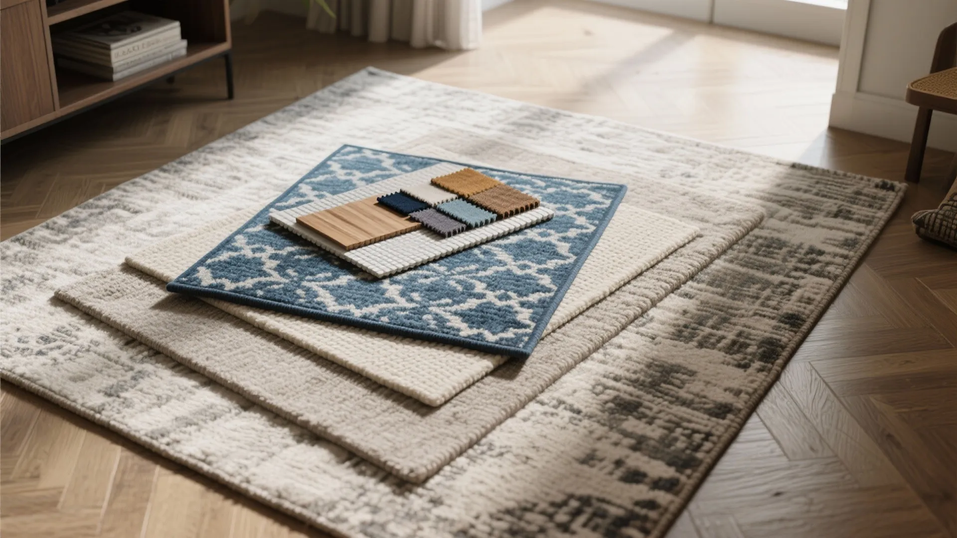 Top-down flatlay showing layered rugs with a patterned blue rug over a neutral base and material samples.