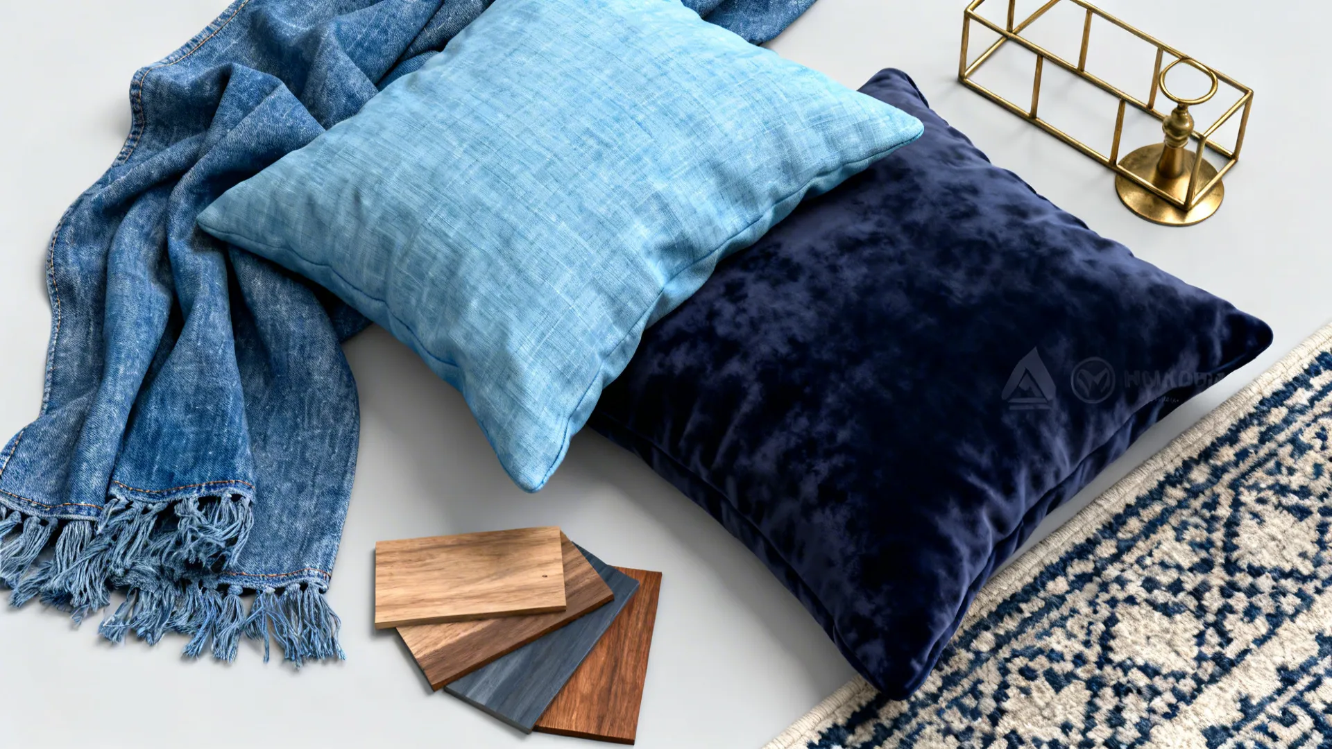 Top view of blue pillows denim blanket wood samples and gold metal decor on grey surface