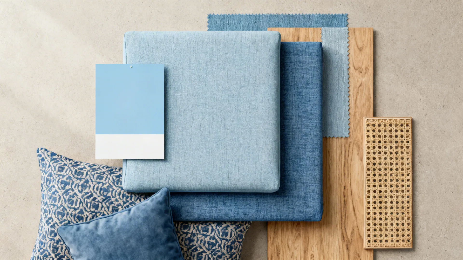 Top-down swatch flatlay of layered blue fabrics, paint chip and texture samples for depth and matching.