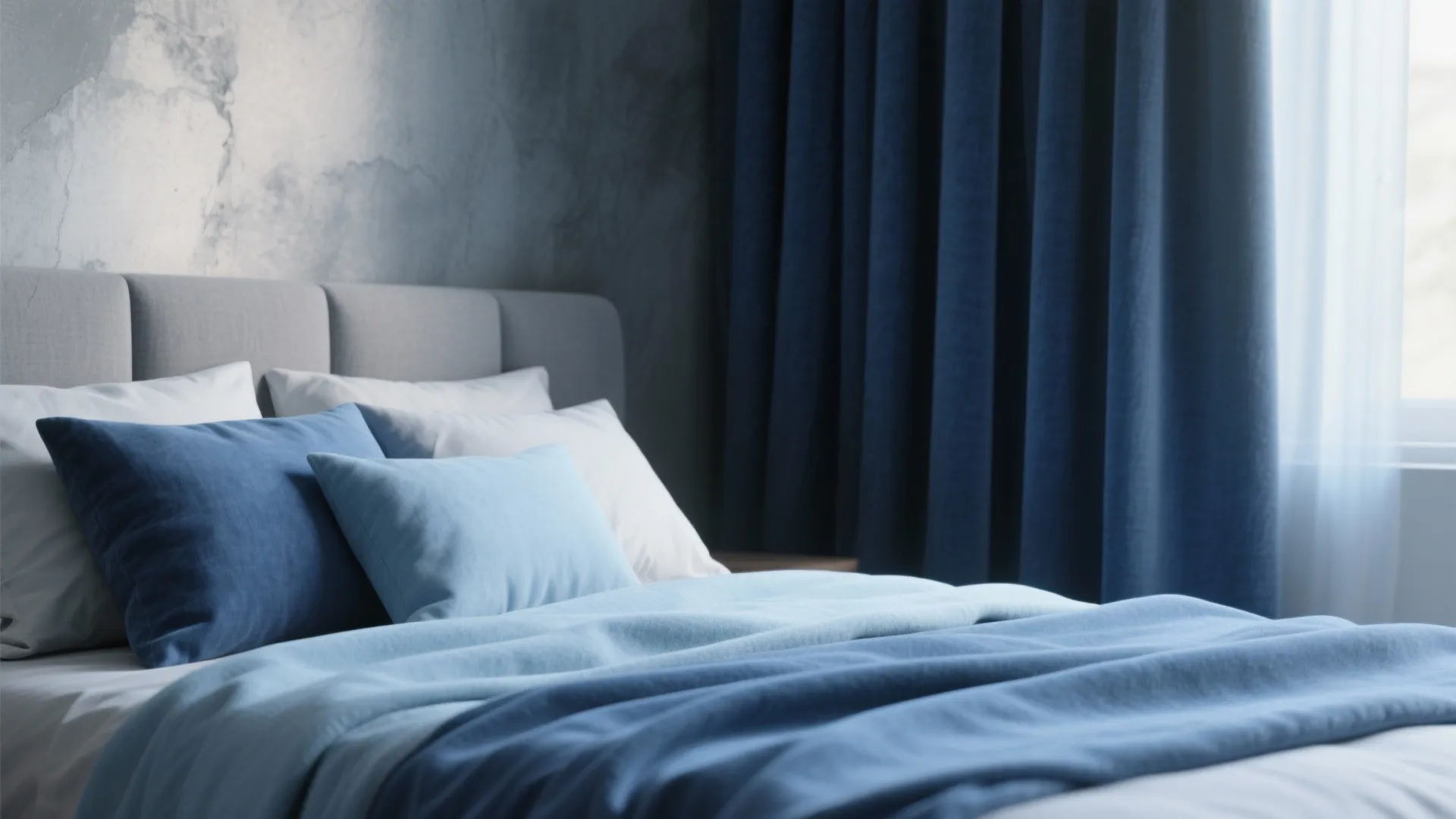 Close view of bed with blue pillows, blue blankets, gray headboard, and dark blue curtains