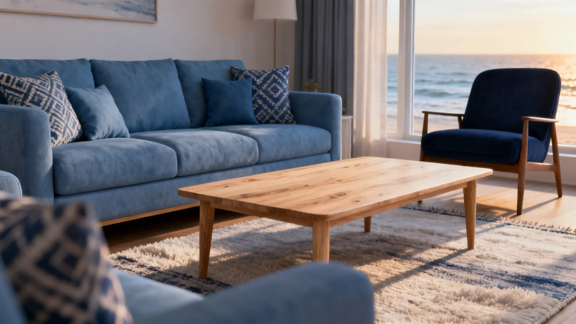 Living room showcasing three shades of blue: muted sofa, mid-tone cushions, deep navy chair