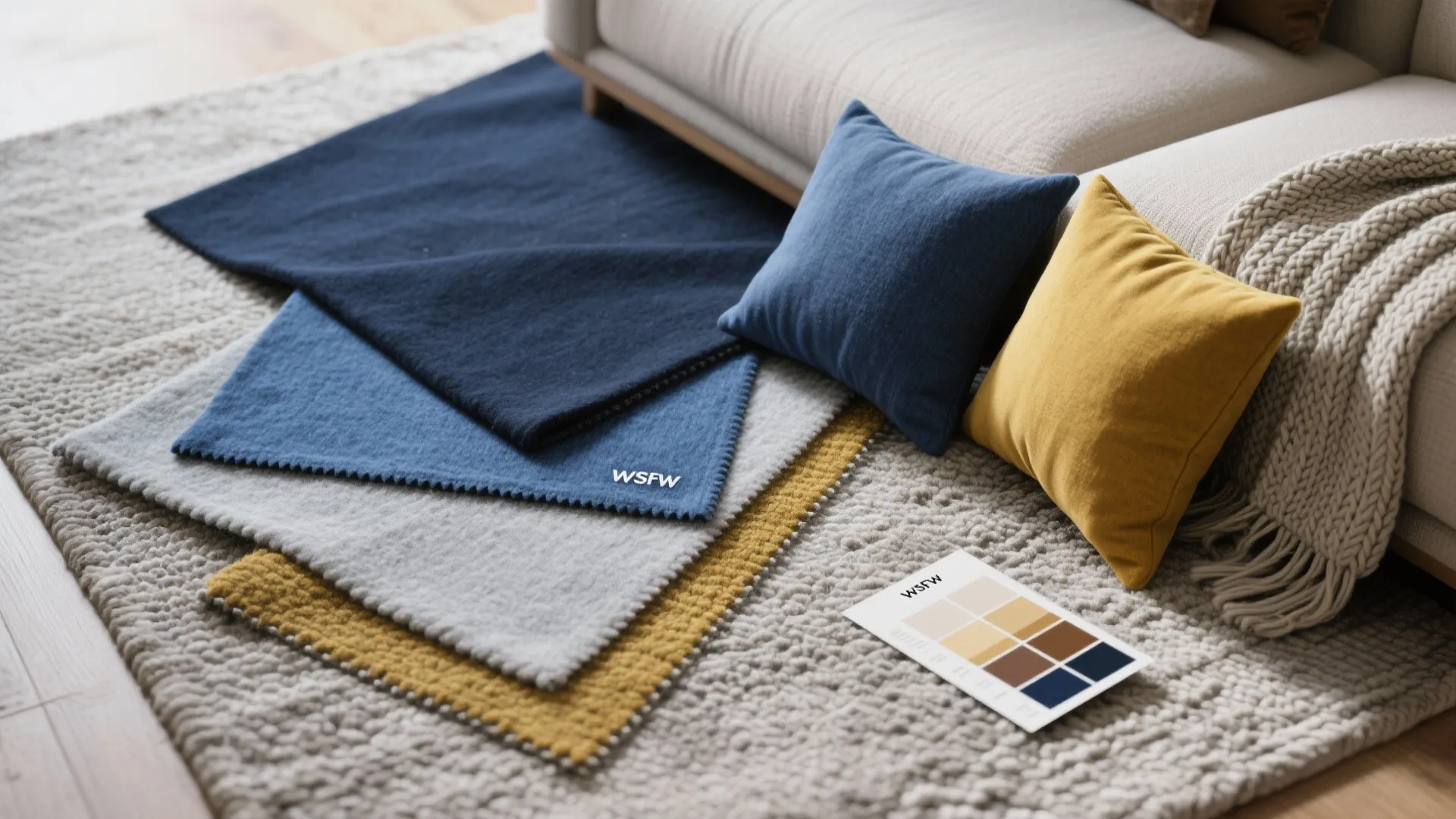 Blue and yellow pillows and fabric samples on a grey textured rug near a sofa