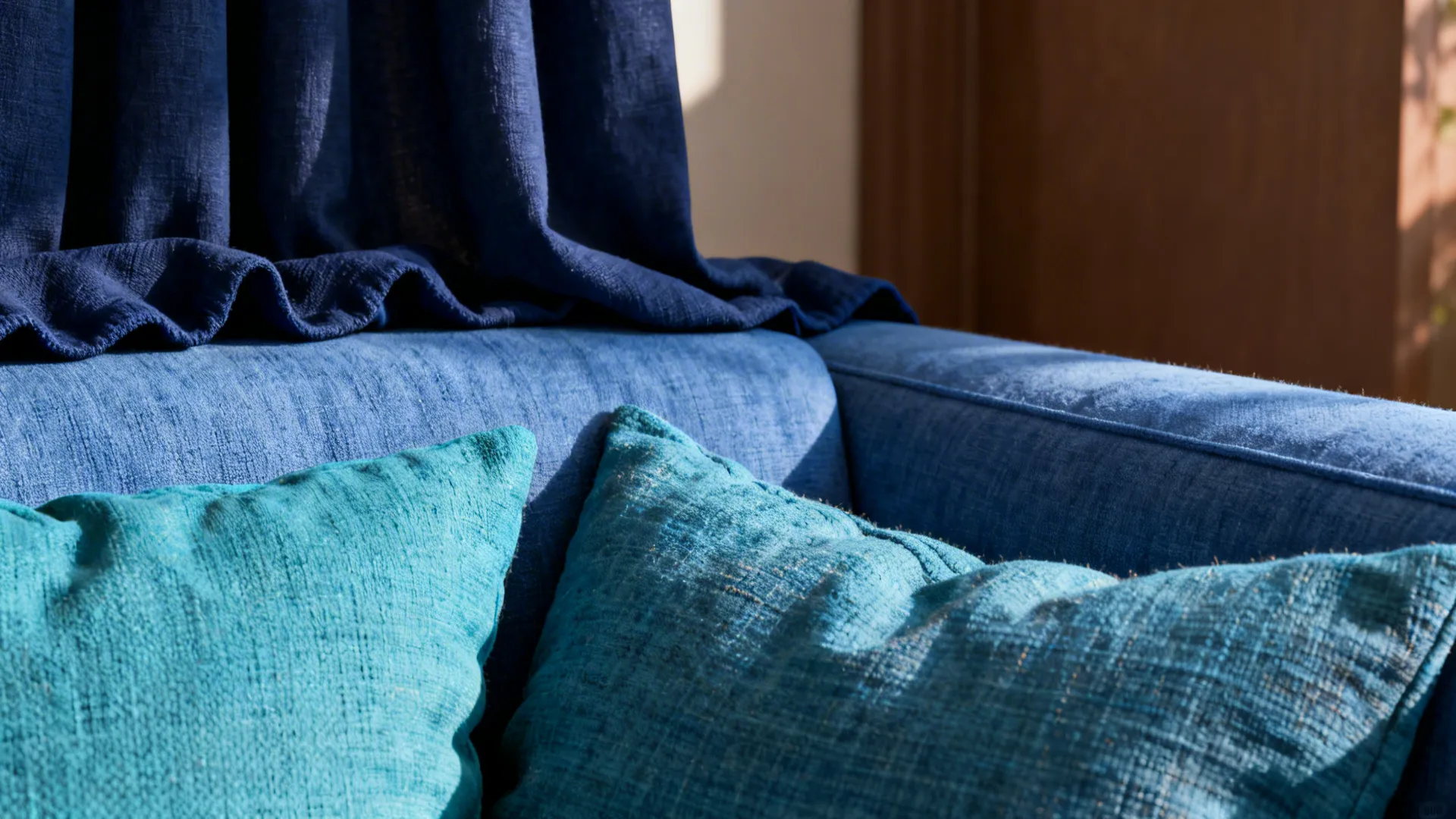 Close-up of teal, mid-blue and navy textiles layered on a sofa showing texture and undertones.