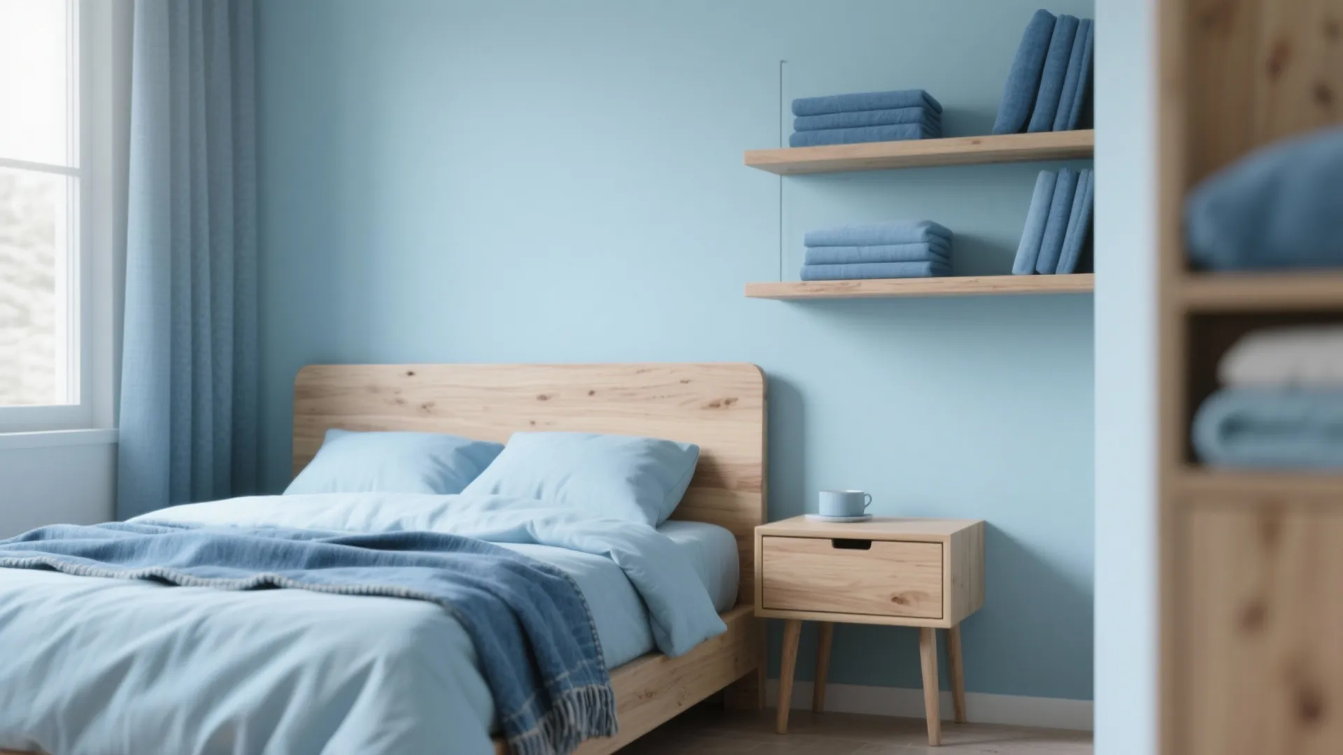 1. Layered blues with warm wood