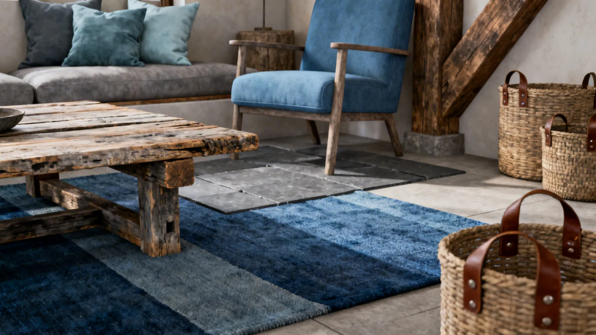 1. Layered Blues with Weathered Wood