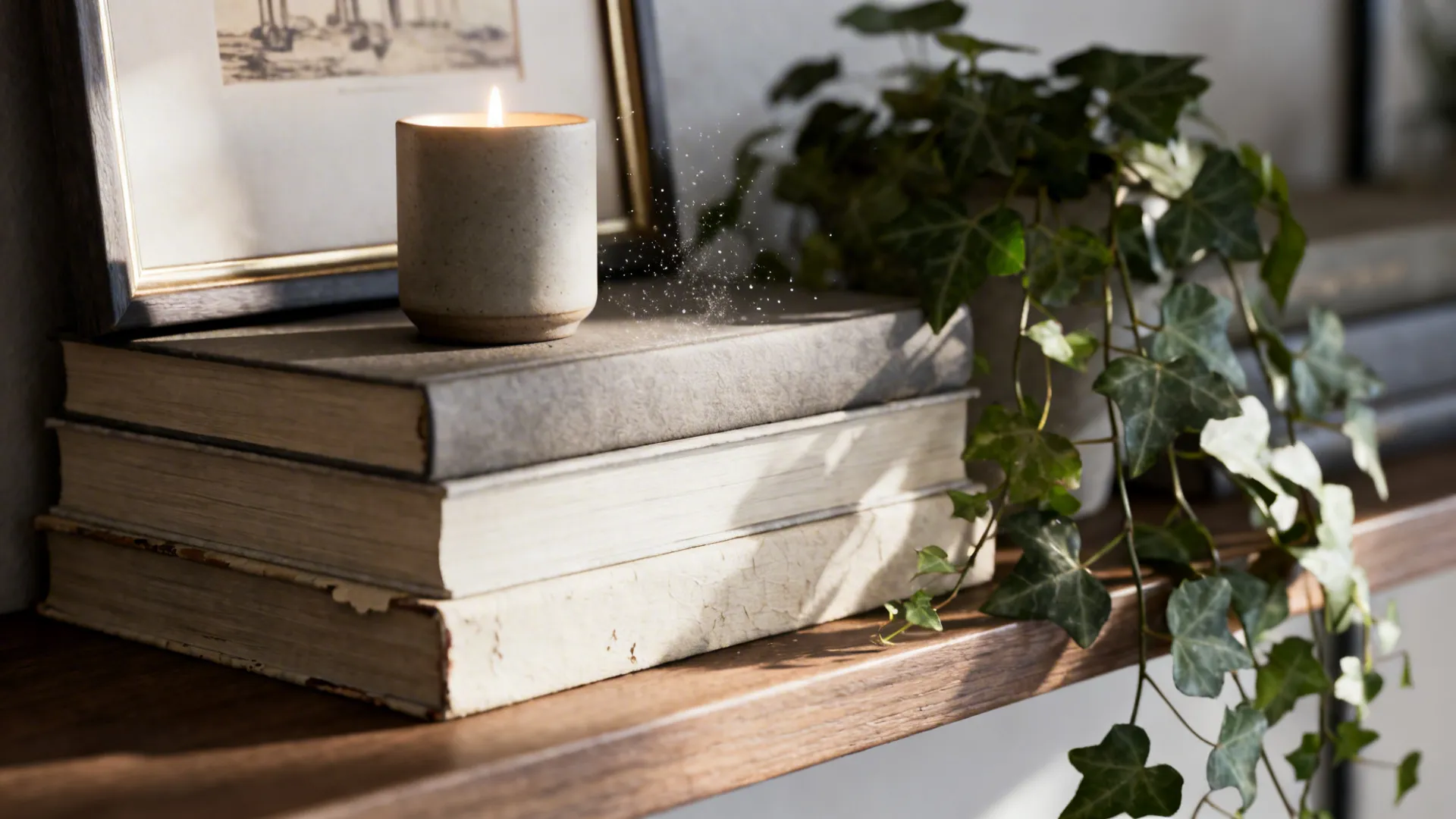 Close-up of stacked books, a leaned framed print, and a trailing plant on a wooden floating shelf.