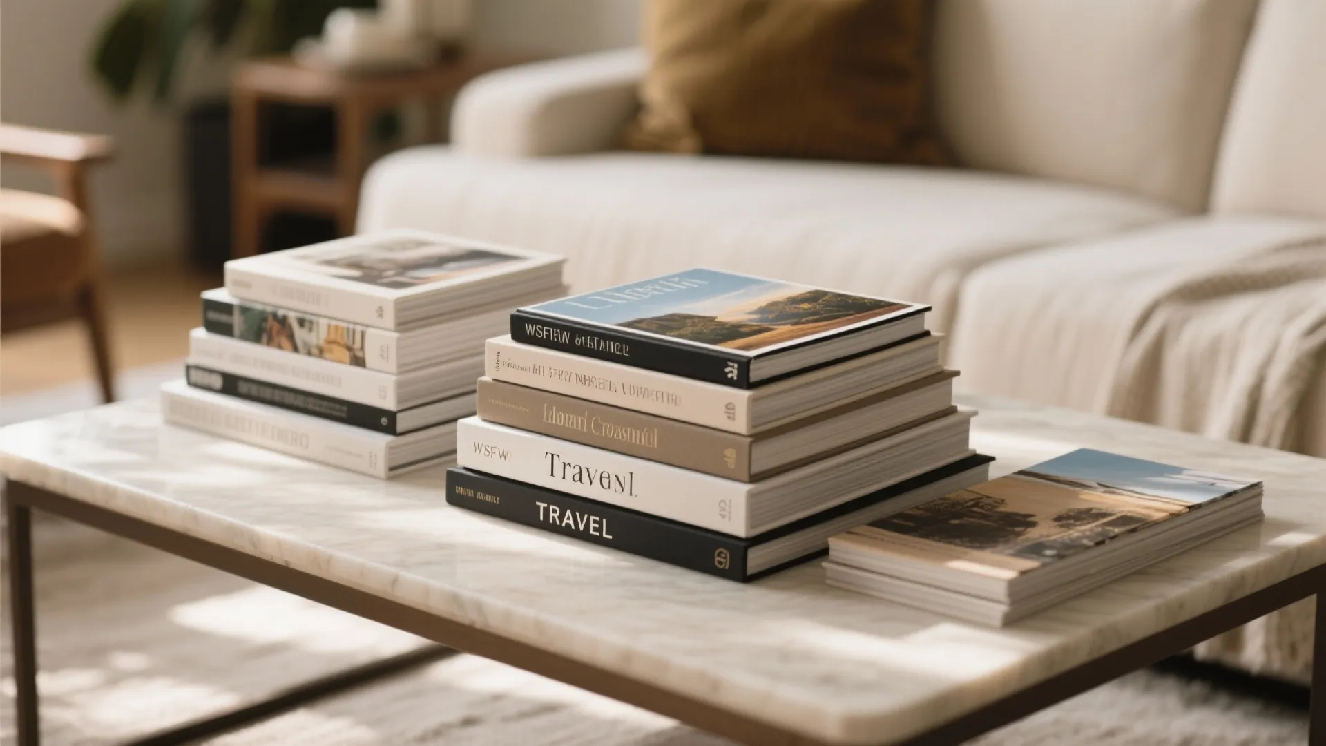 Statically stacked books on a marble coffee table in a bright modern living room interior