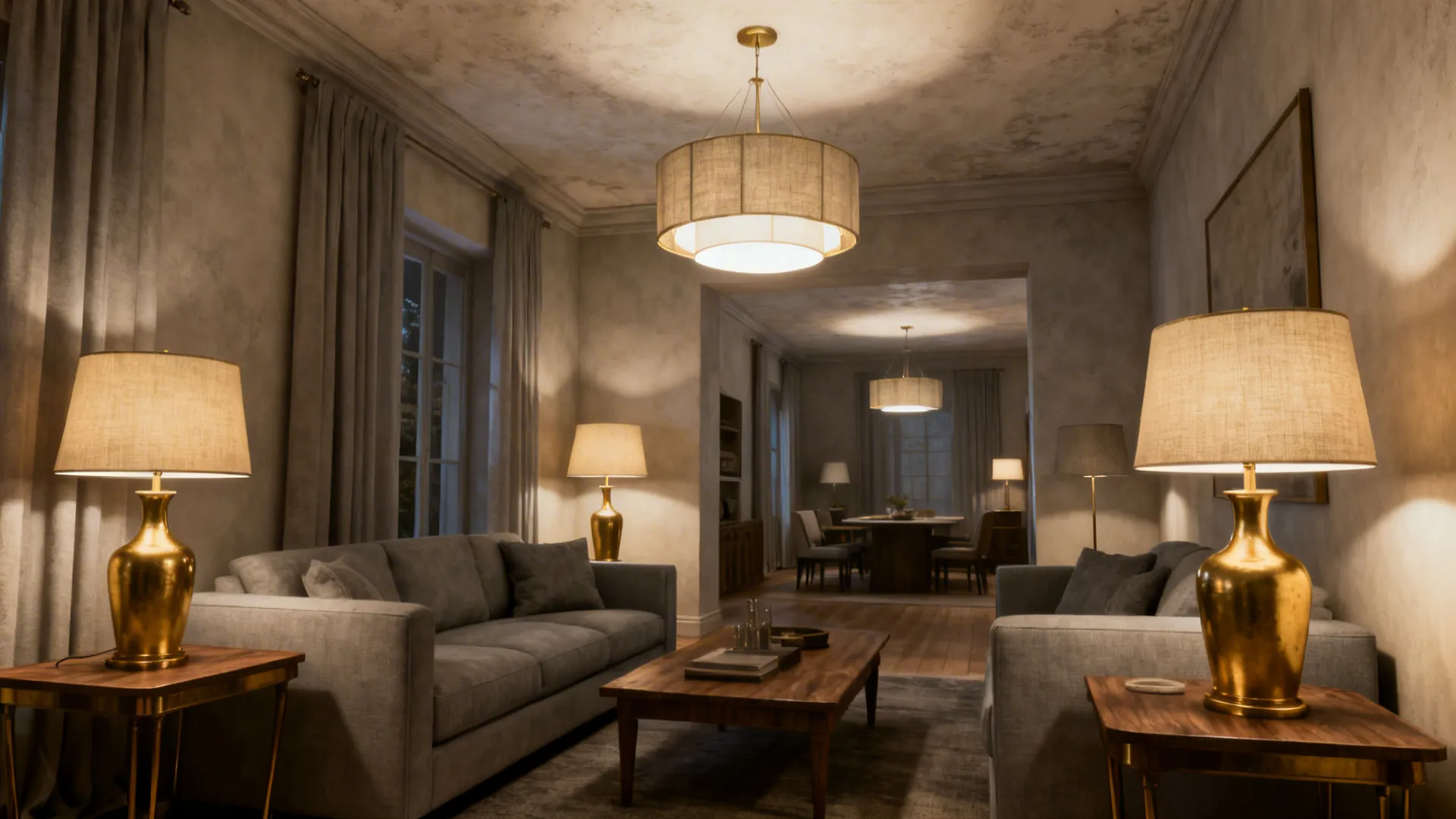 Layered lighting with brass table lamps and a soft ceiling fixture in a small living room.