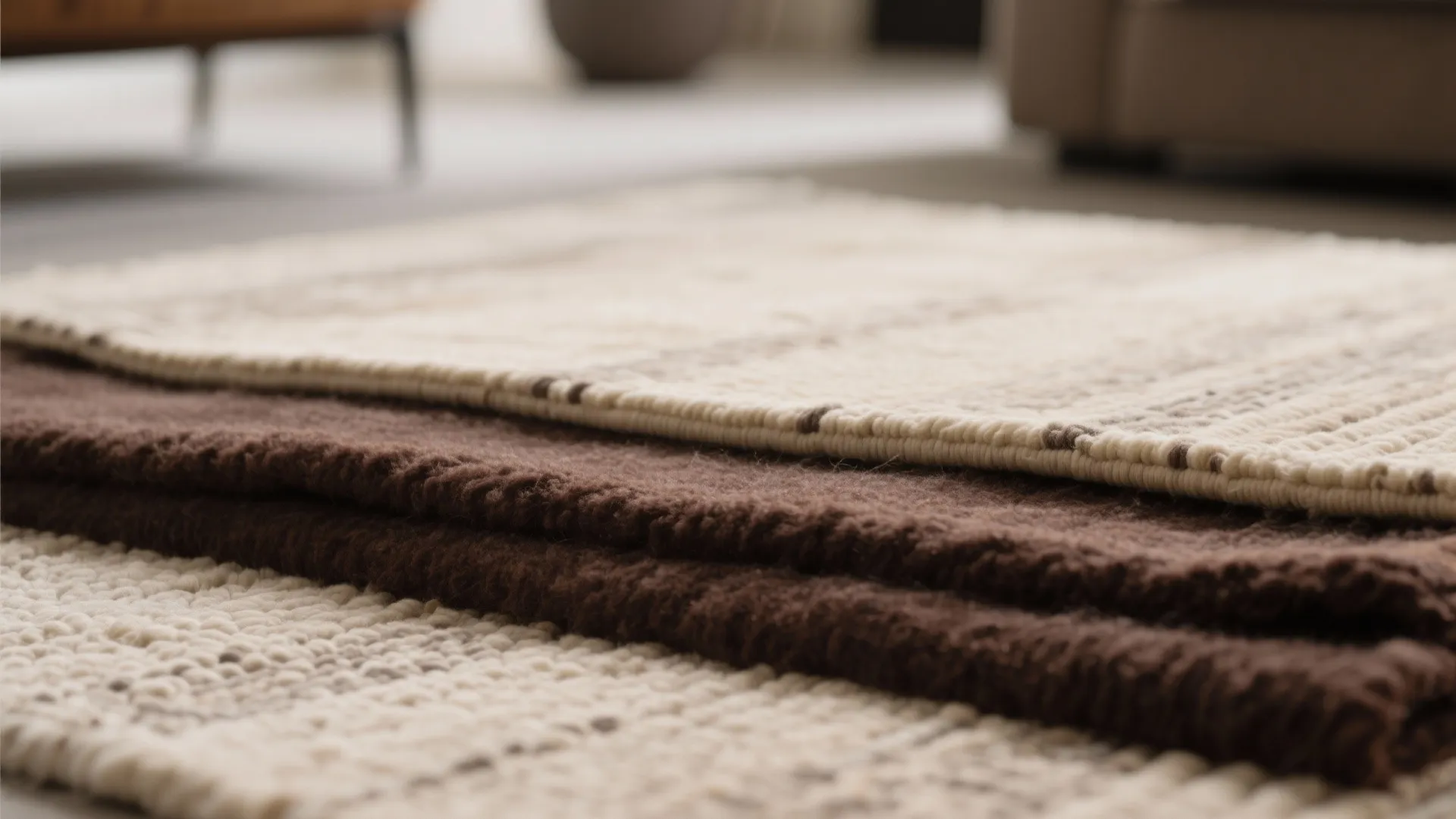 Layered brown and beige rugs in a living room