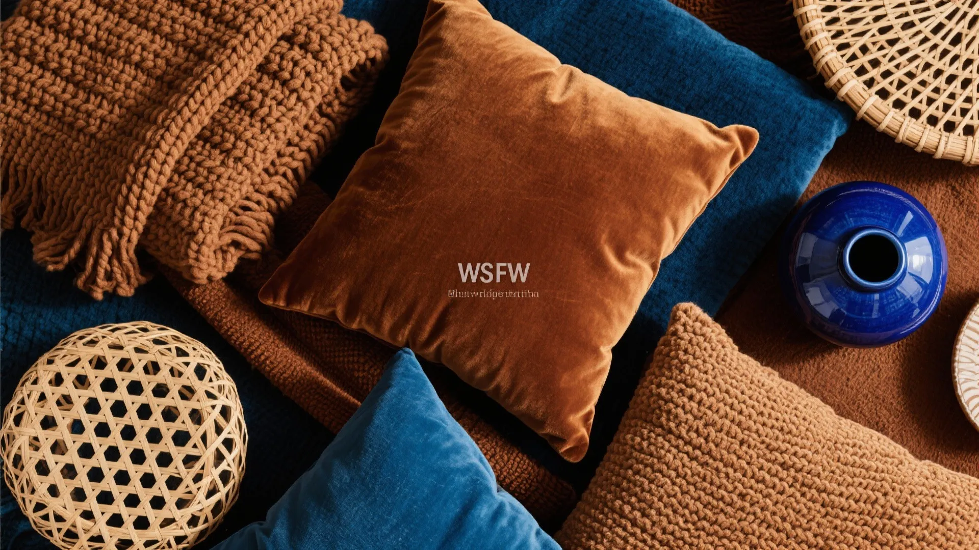 Top view of brown and blue pillows blankets woven baskets and a dark blue vase