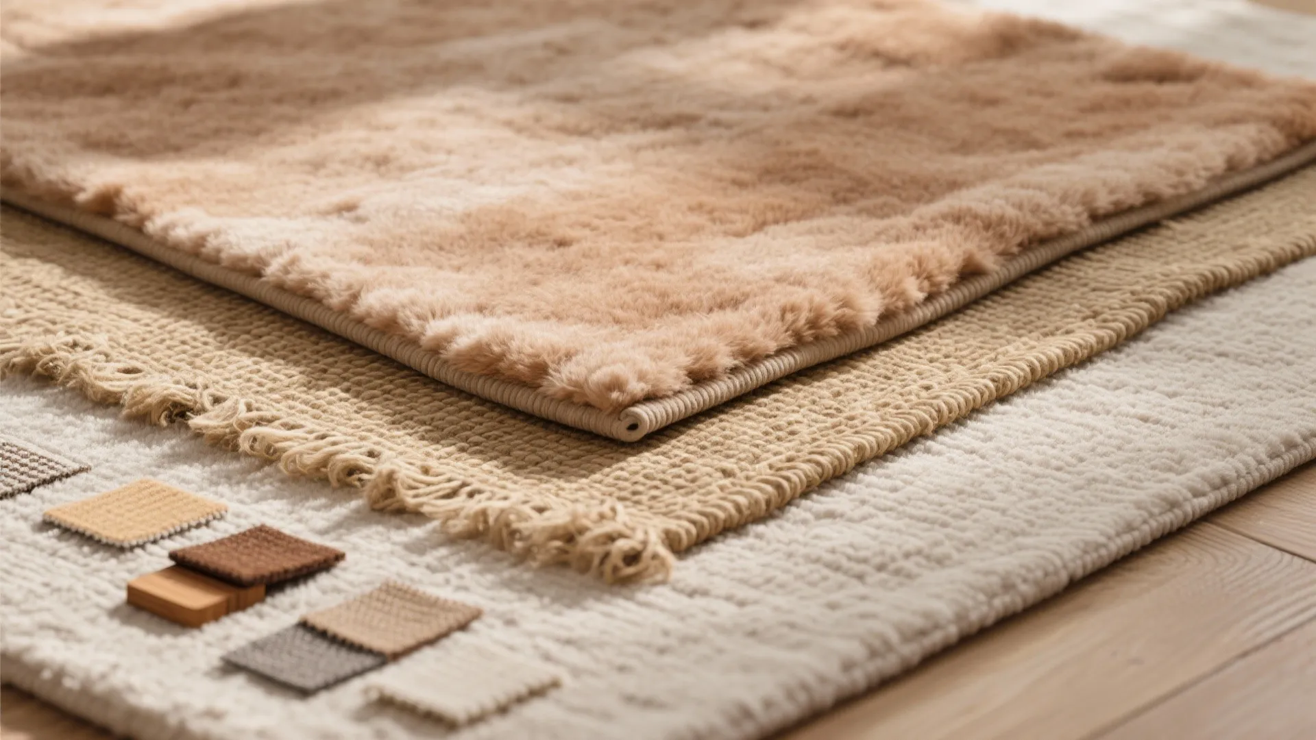 Close up of layered neutral rugs with soft textures and small square material color samples