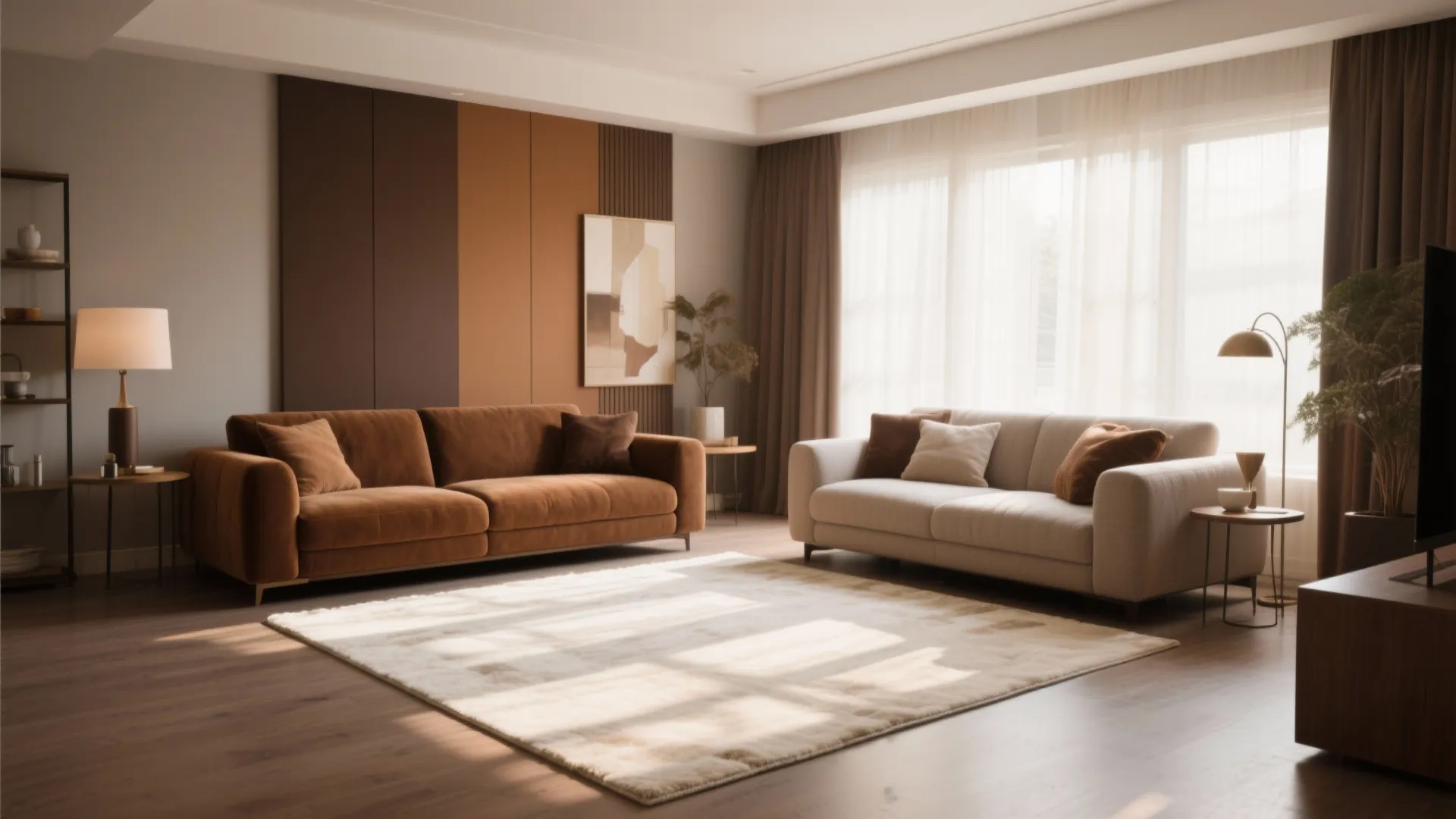 Living room with chocolate, caramel, and taupe tones balanced with a cream rug