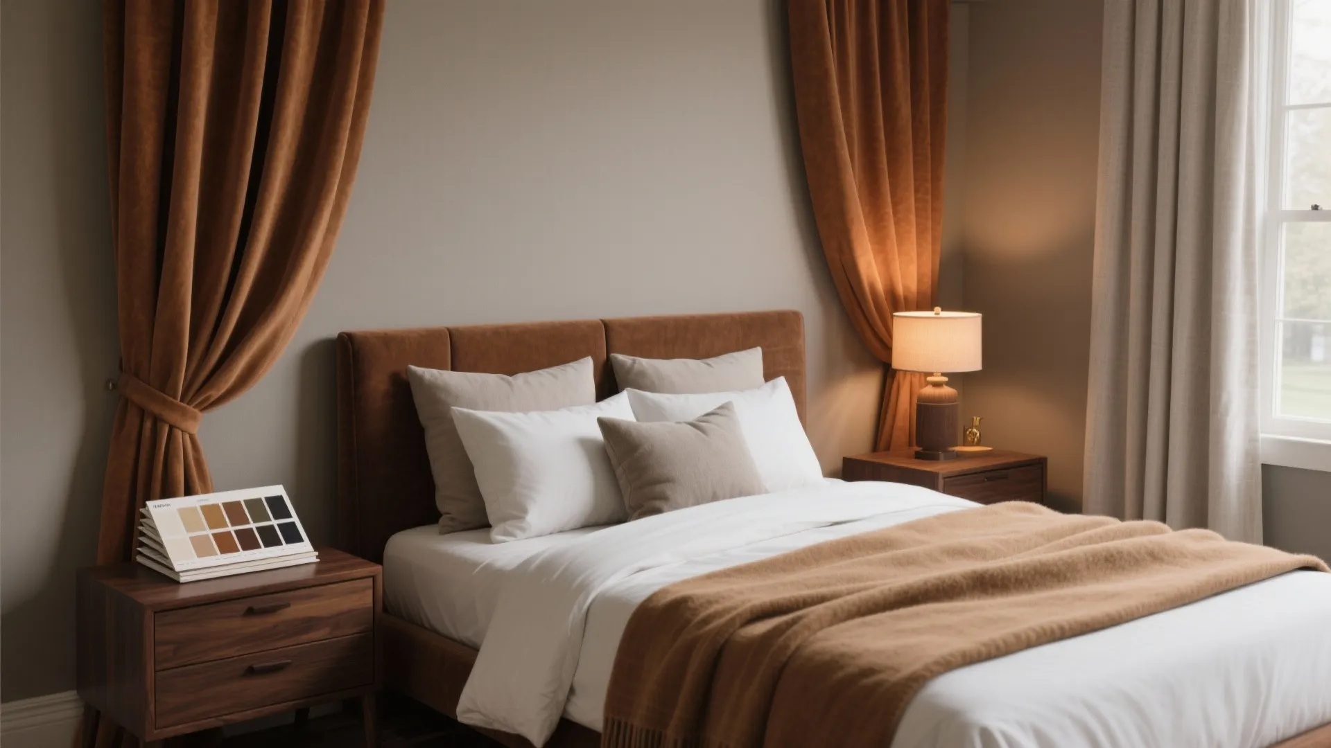 Cozy bedroom with brown velvet headboard wooden nightstands warm orange curtains and a soft lamp