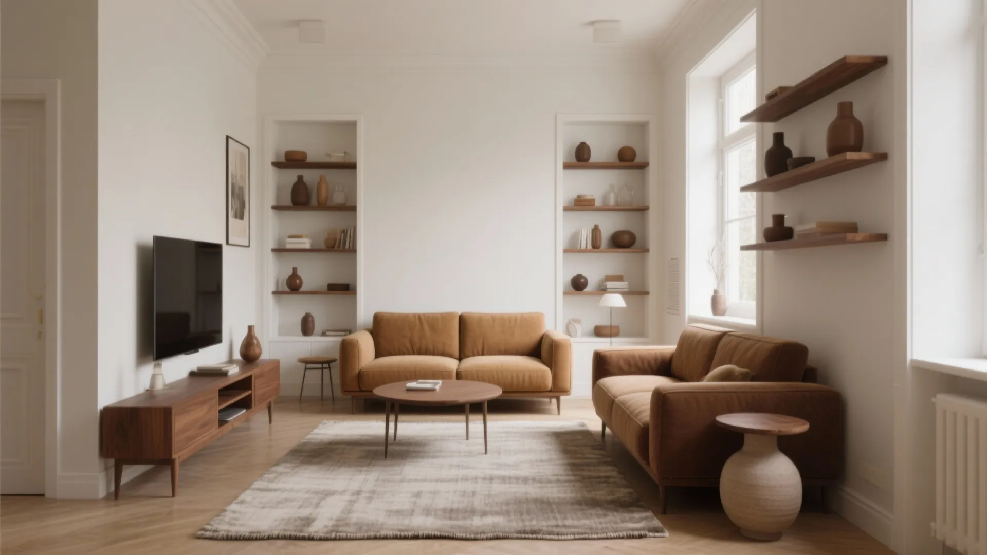 Living room interior with brown sofas wooden coffee table wall shelves and a television set