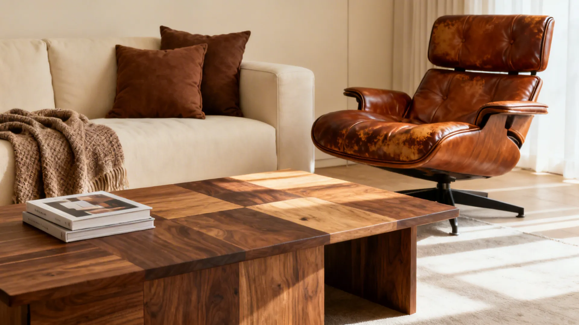 Walnut coffee table, caramel leather lounge chair and cocoa pillows layered for depth and warmth.