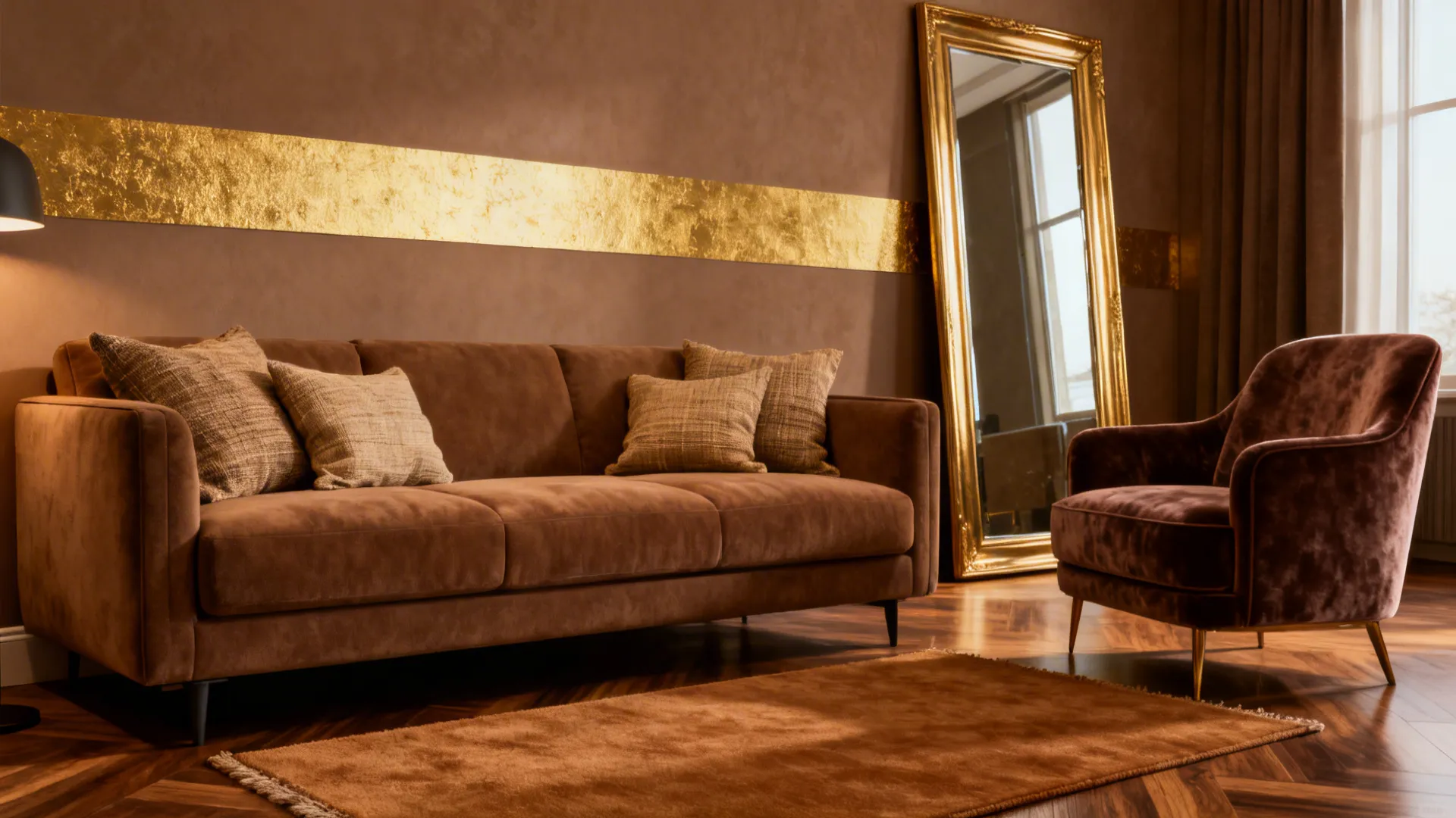 Brown sofa and armchair in a room with a gold wall stripe and gold mirror