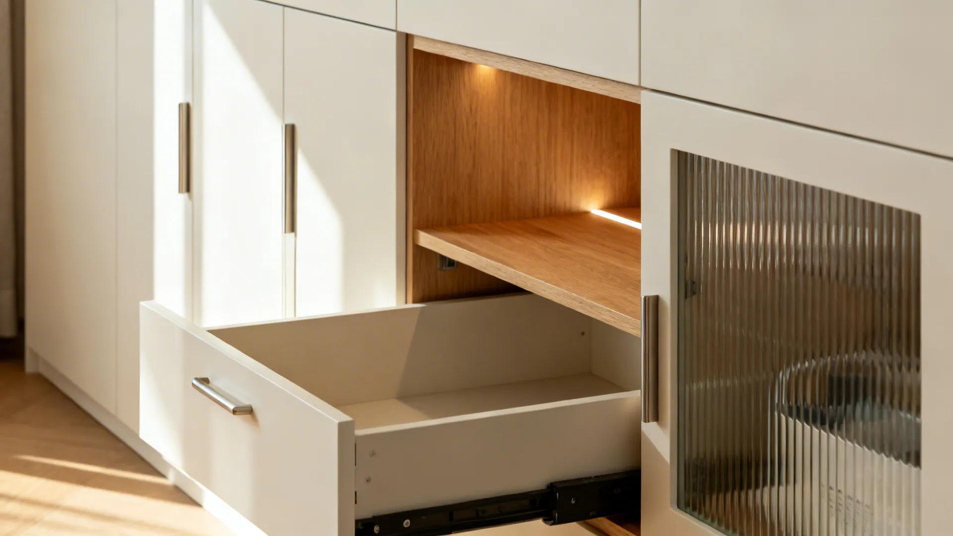 White built-in kitchen cabinets with open drawer, wooden shelf with light, and textured glass door