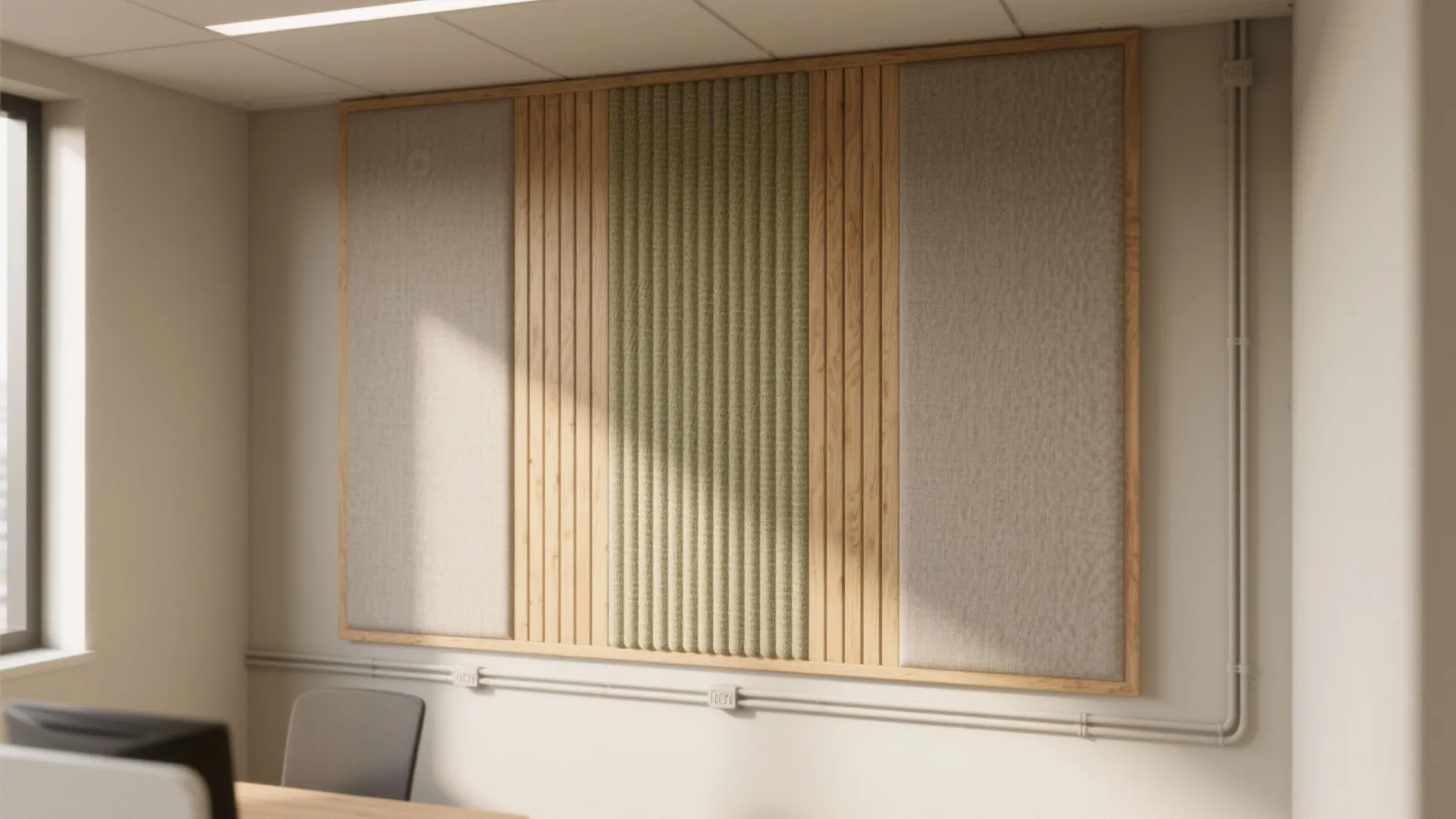 Modern office wall panel with vertical wood slats and grey fabric sections for sound dampening