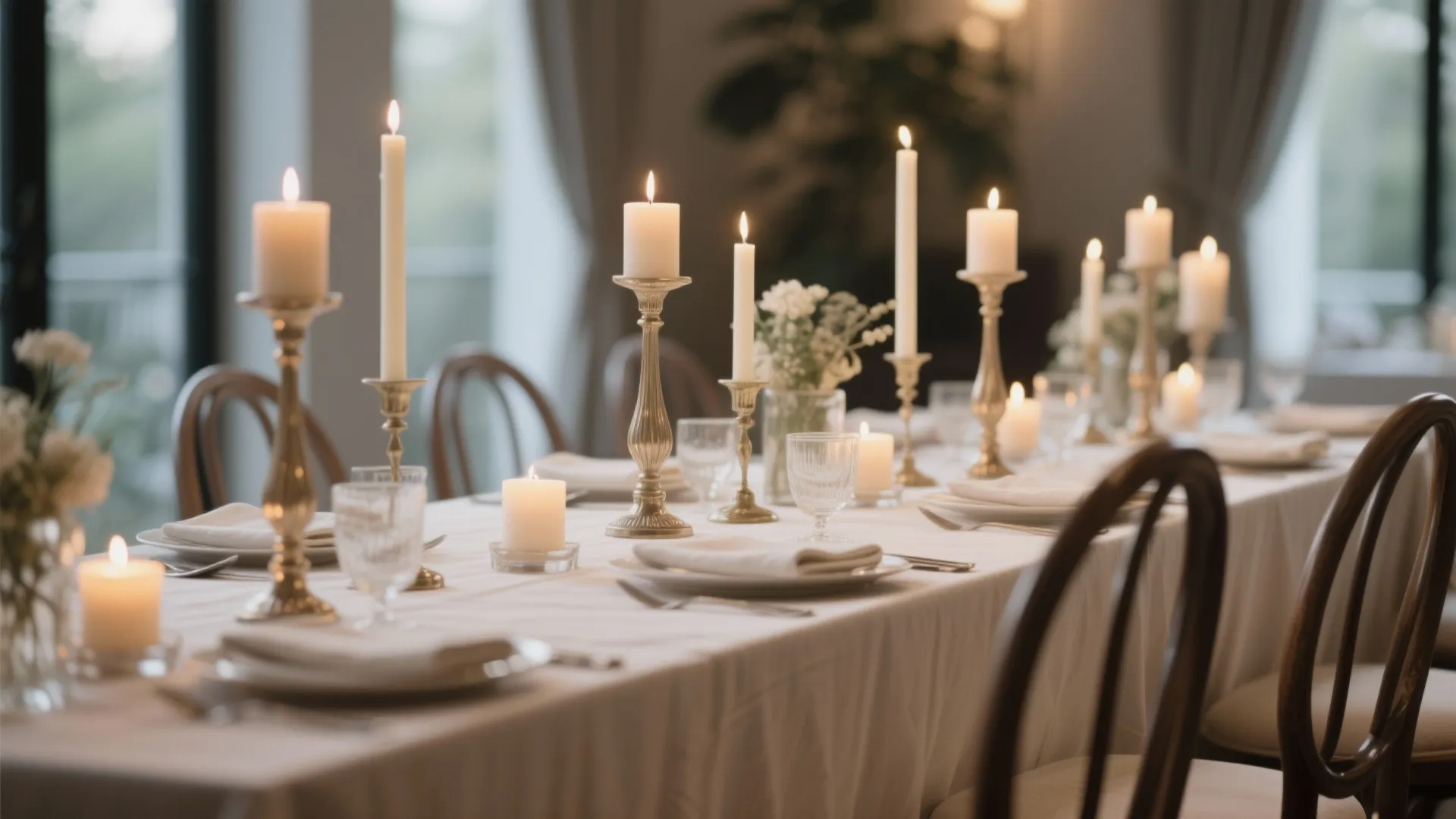 Dining table with pillar candles and tea lights at varied heights
