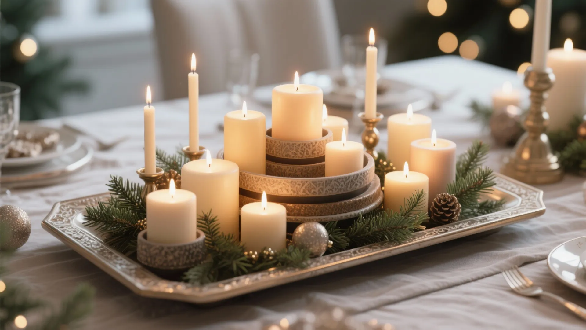 Silver decorative tray holding many burning white candles and green pine branches for table decor