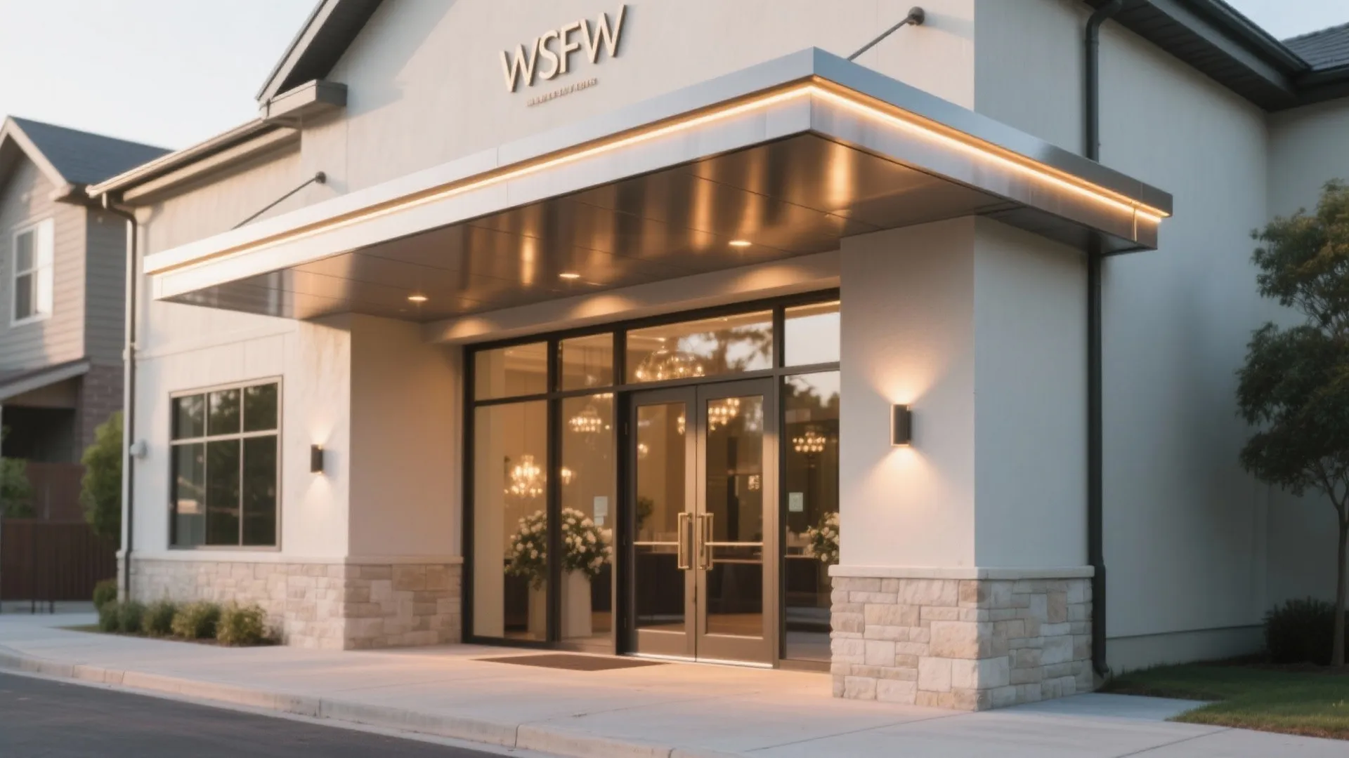 Modern building entrance with large glass doors stone wall details and bright warm ceiling lights