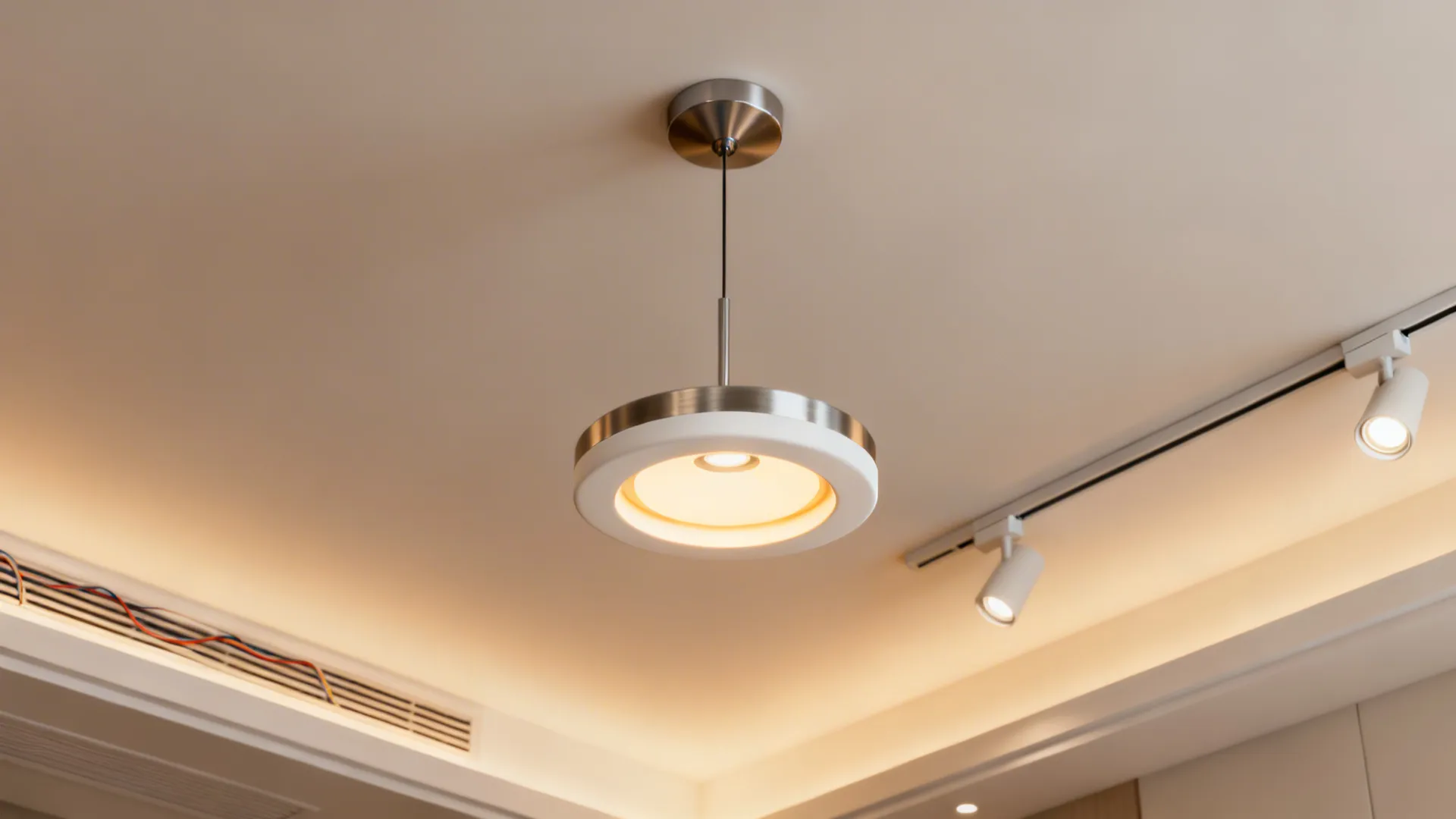 Close-up of a dimmable pendant with recessed downlights and track lighting in a living room ceiling.