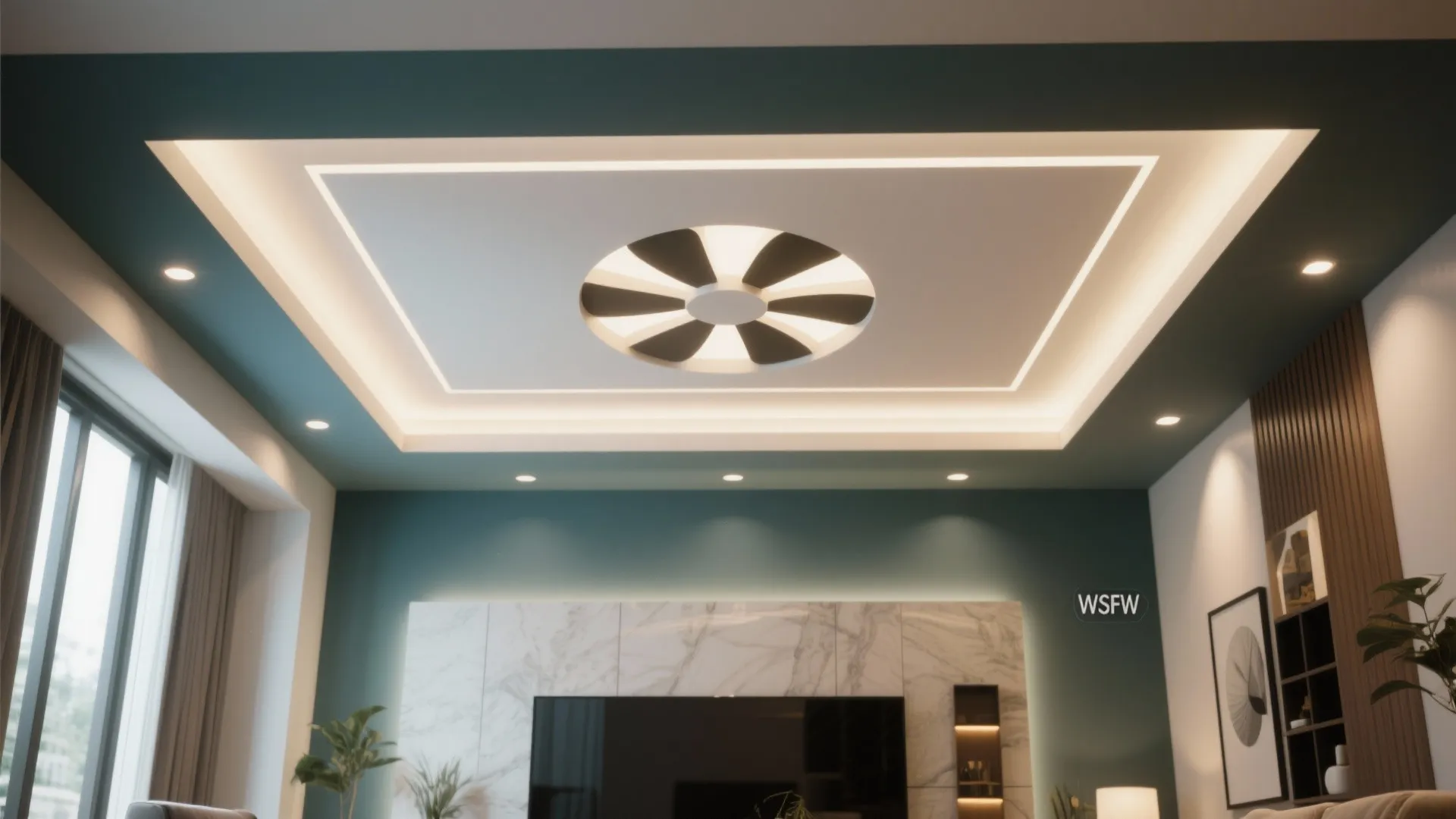 Interior ceiling with circular light fixture recessed lighting and teal walls above a television screen