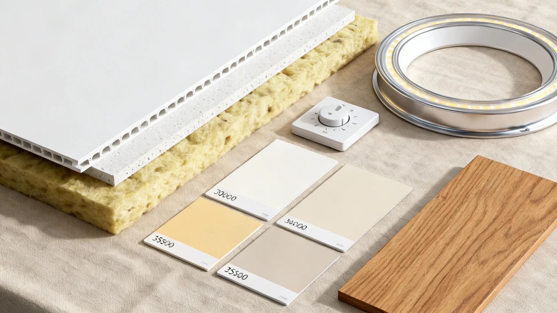 Flat lay of gypsum, trims, LED samples, and oak veneer for layered ceilings
