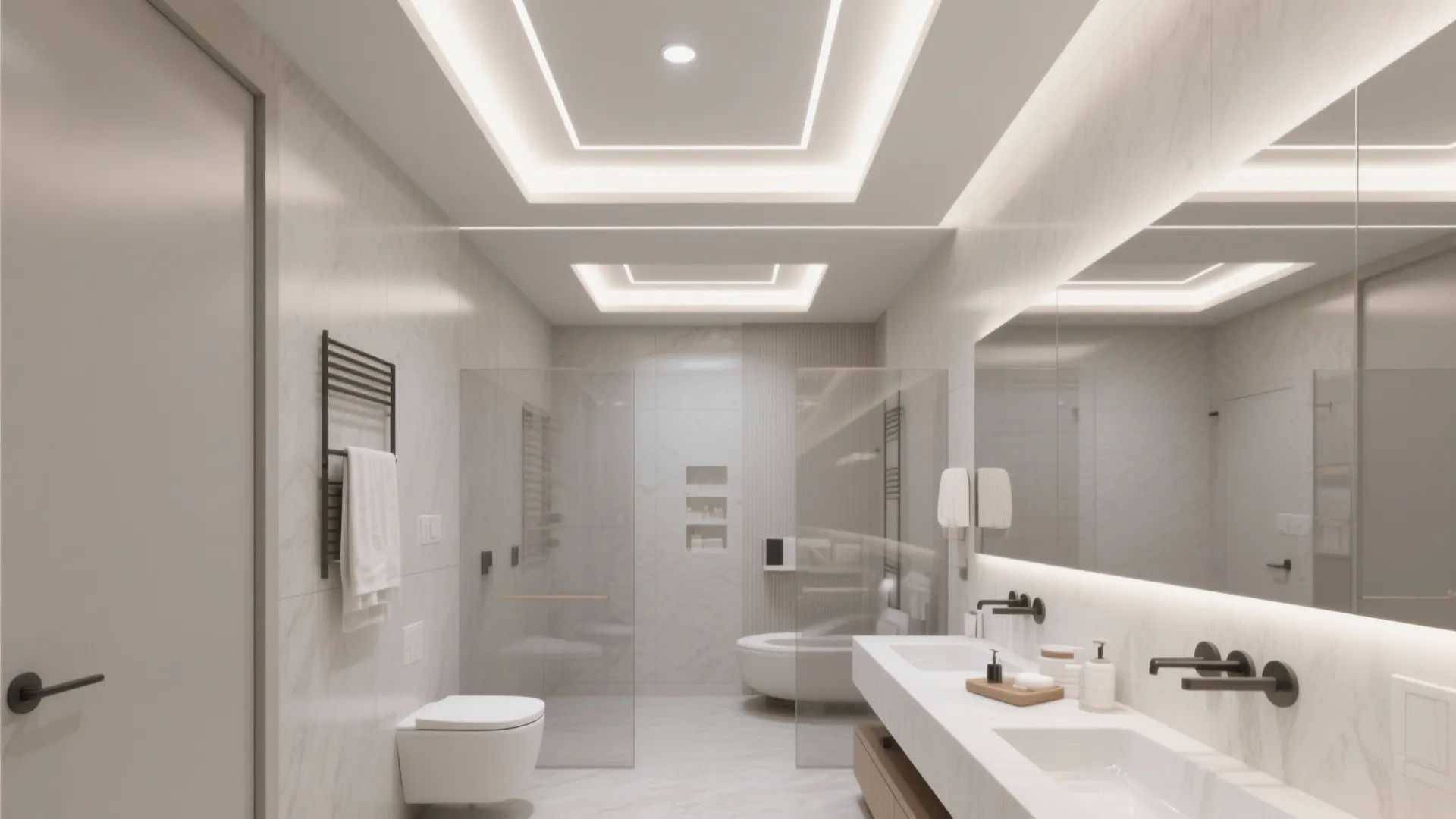 Luxury bathroom with layered ceiling light design double sink vanity and white marble wall panels