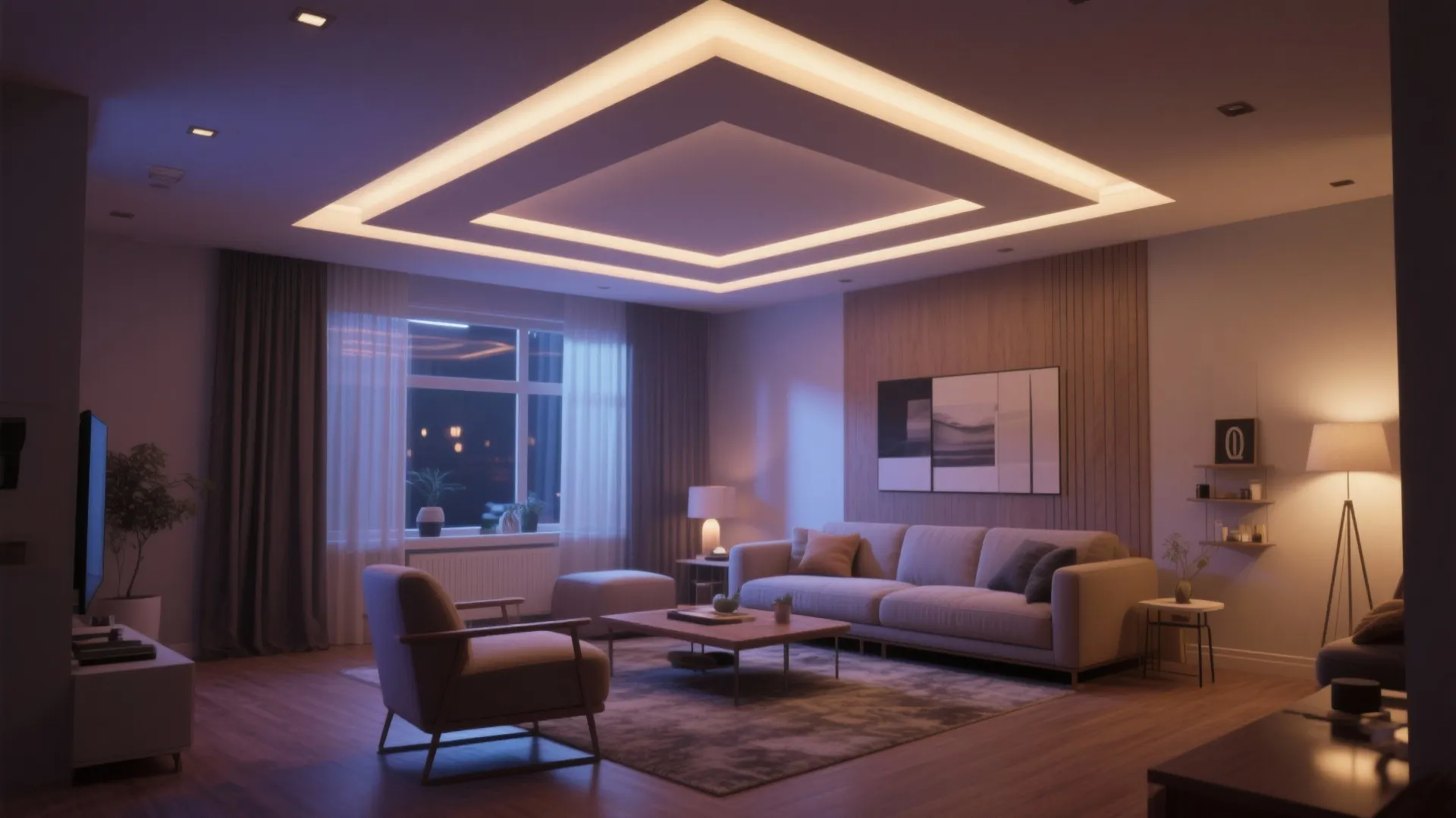 Modern living room featuring square ceiling light, soft sofa, armchair, coffee table, and warm lighting