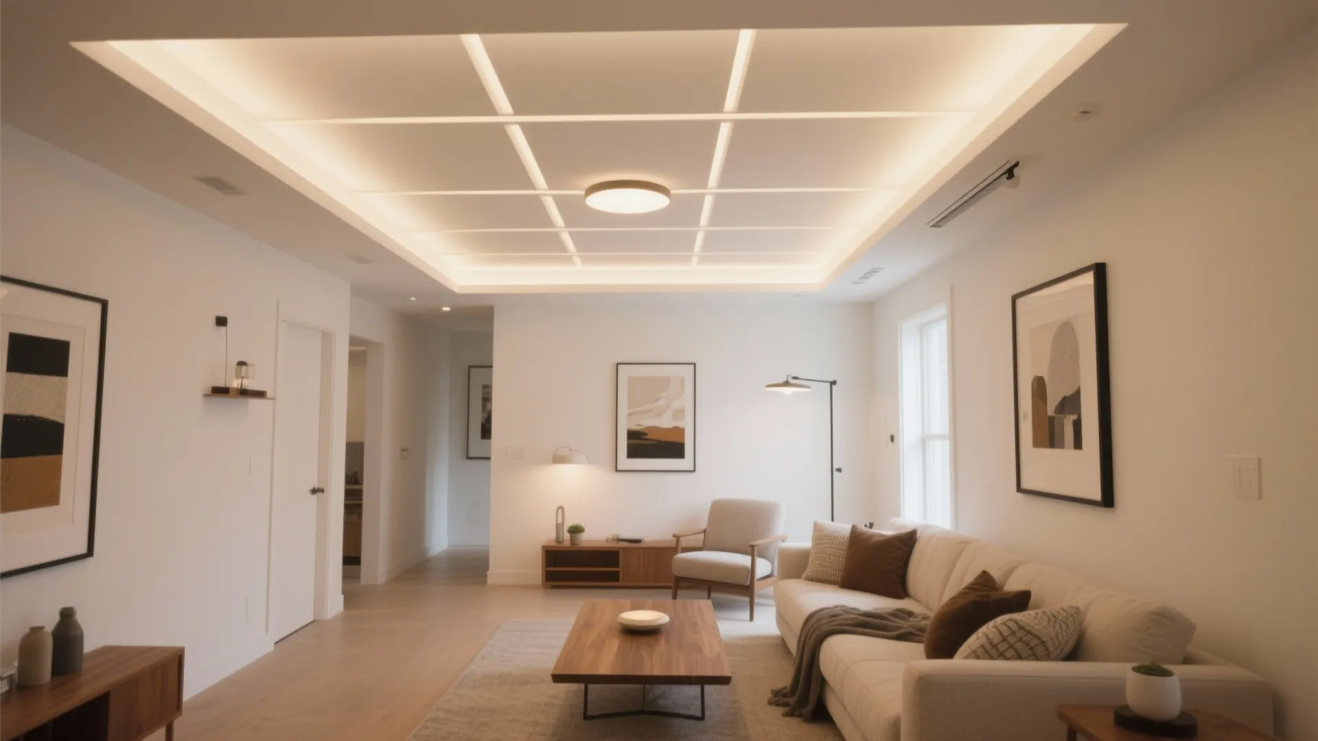 Modern living room with large grid patterned recessed ceiling light and warm soft white lighting