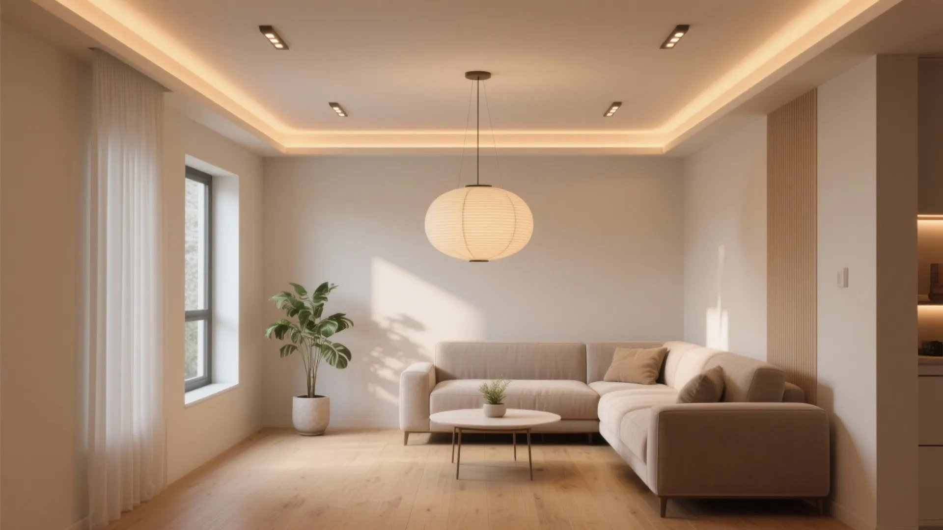 Living room with layered light fixtures including a paper ceiling light and hidden strip lights