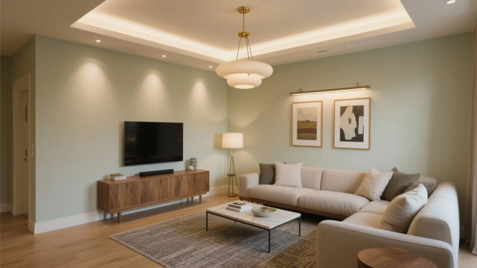 Light green living room with a tiered ceiling light plus many small built-in recessed lights