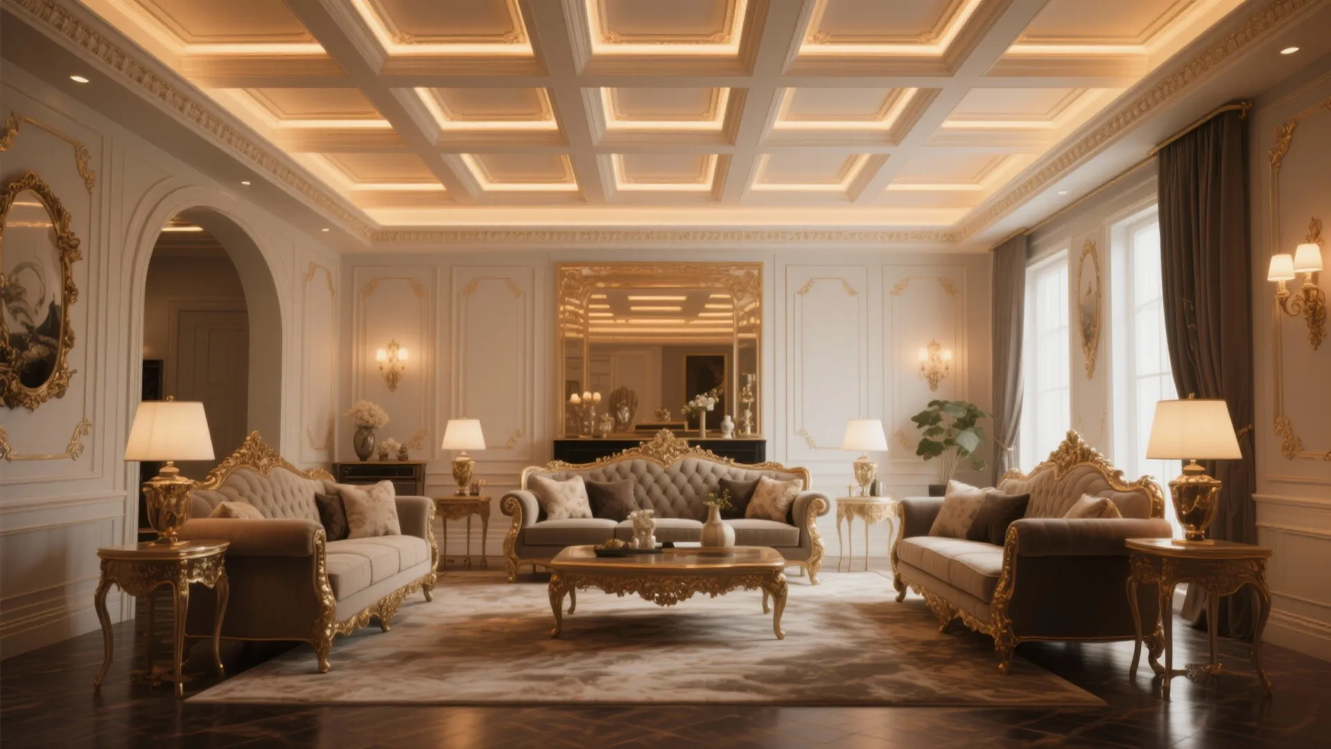 Living room with coffered ceiling and layered molding details