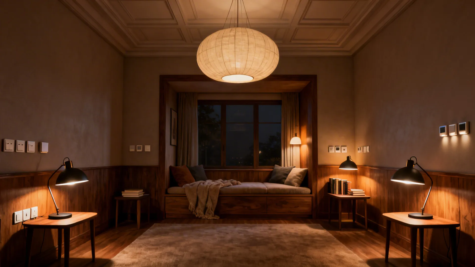 Living room with a large central pendant and smaller pendant clusters over side tables to create layered lighting zones.