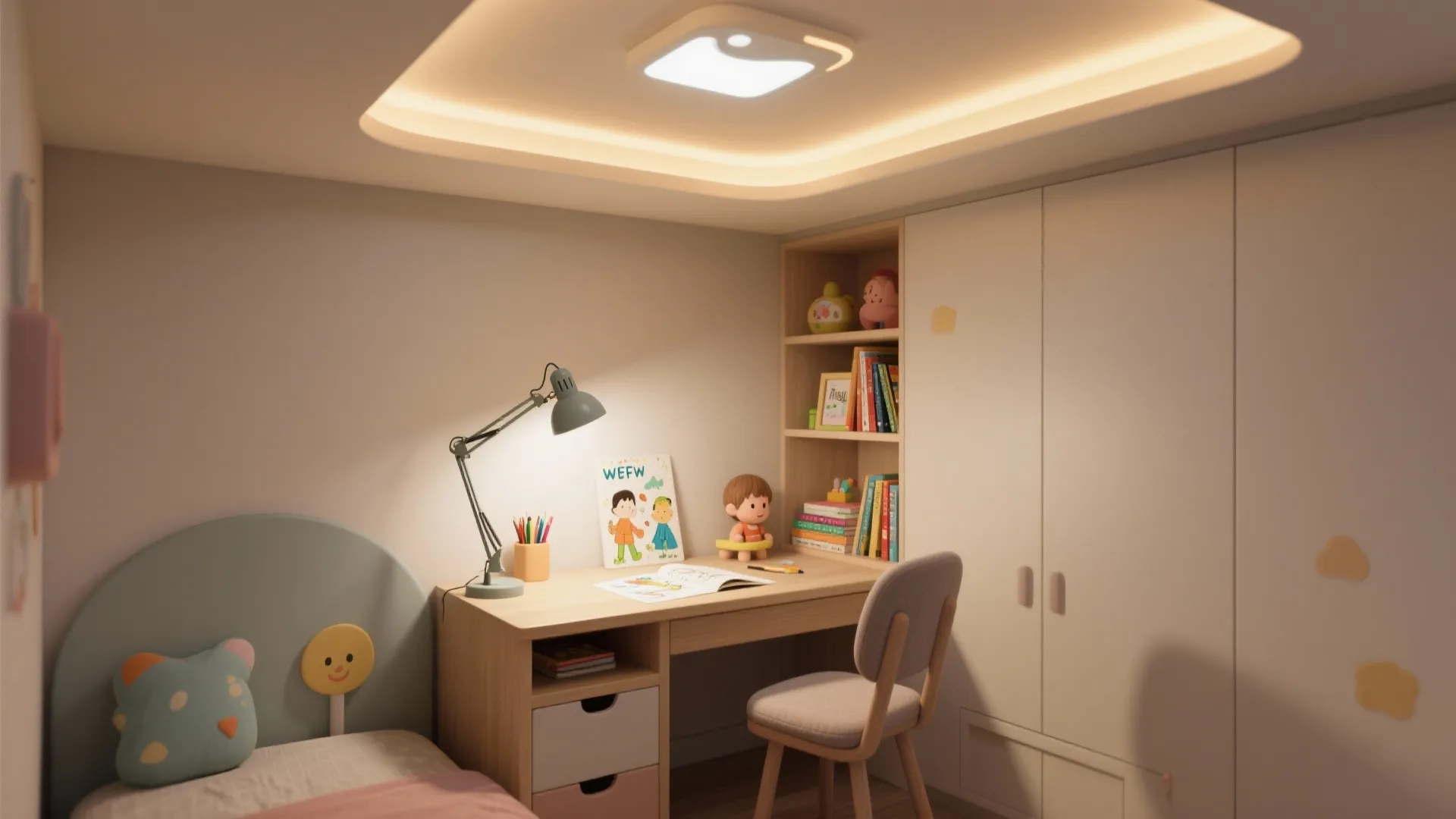 1. Layered lighting with dimmable ceiling and task lamps