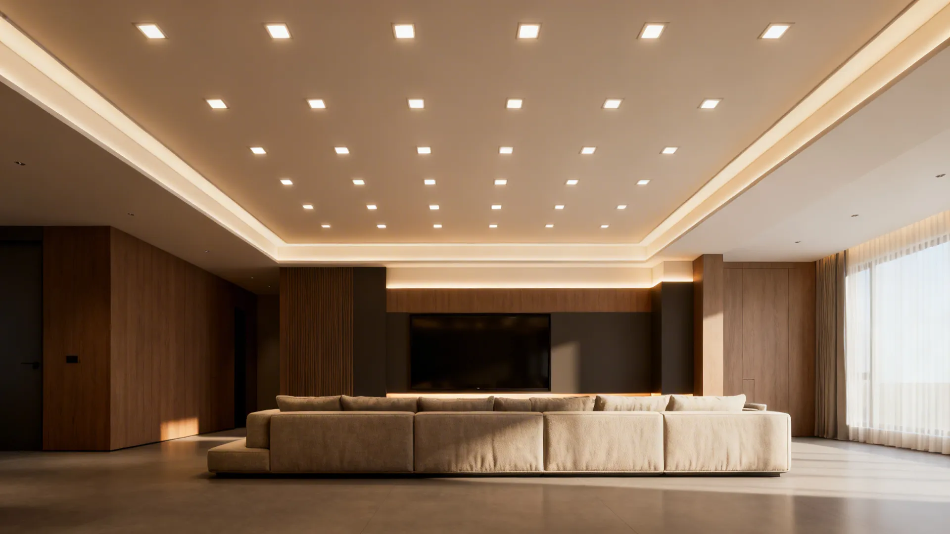 Large modern living area with many ceiling lights long beige sofa wood wall and flat television
