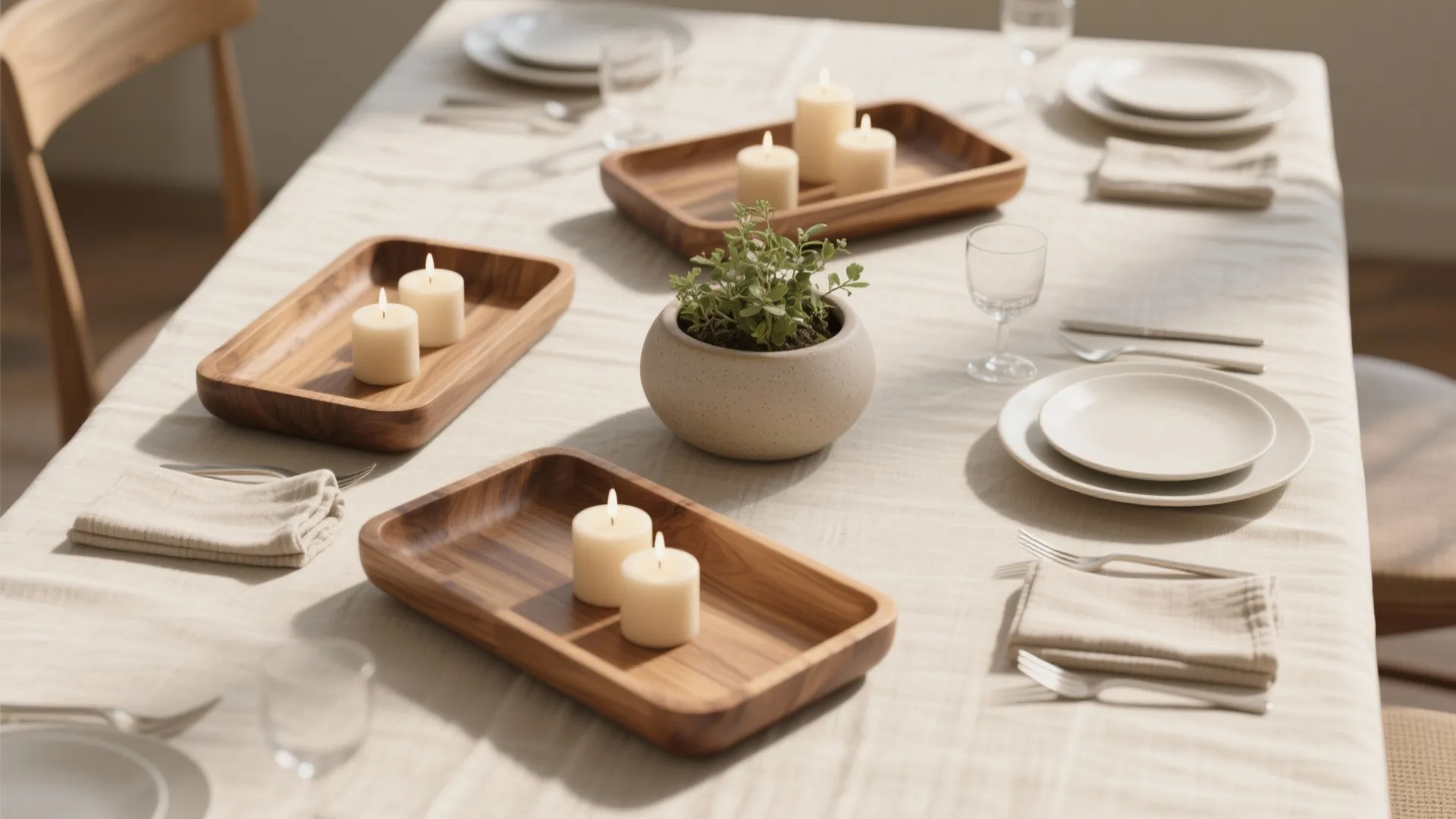 Top-down view of layered trays, candles and a low planter arranged as a flexible dining centerpiece.