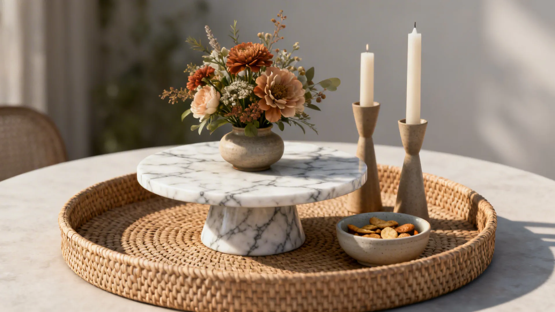 Close-up of a layered centerpiece with a woven tray, marble stand, low flowers, candlesticks and a snack bowl.