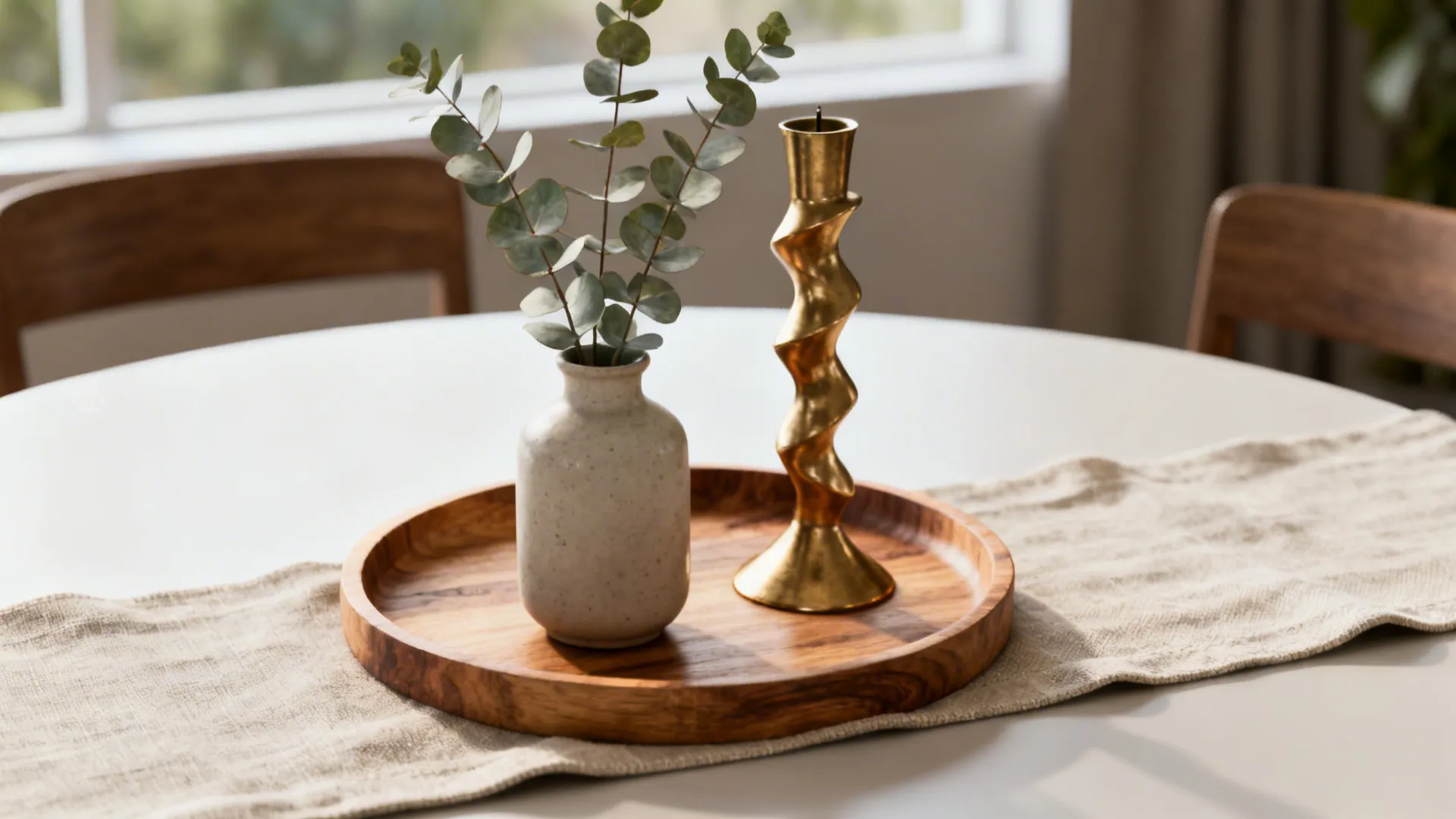 Layered centerpiece on a round table with tray, vase of eucalyptus and tall candleholder.