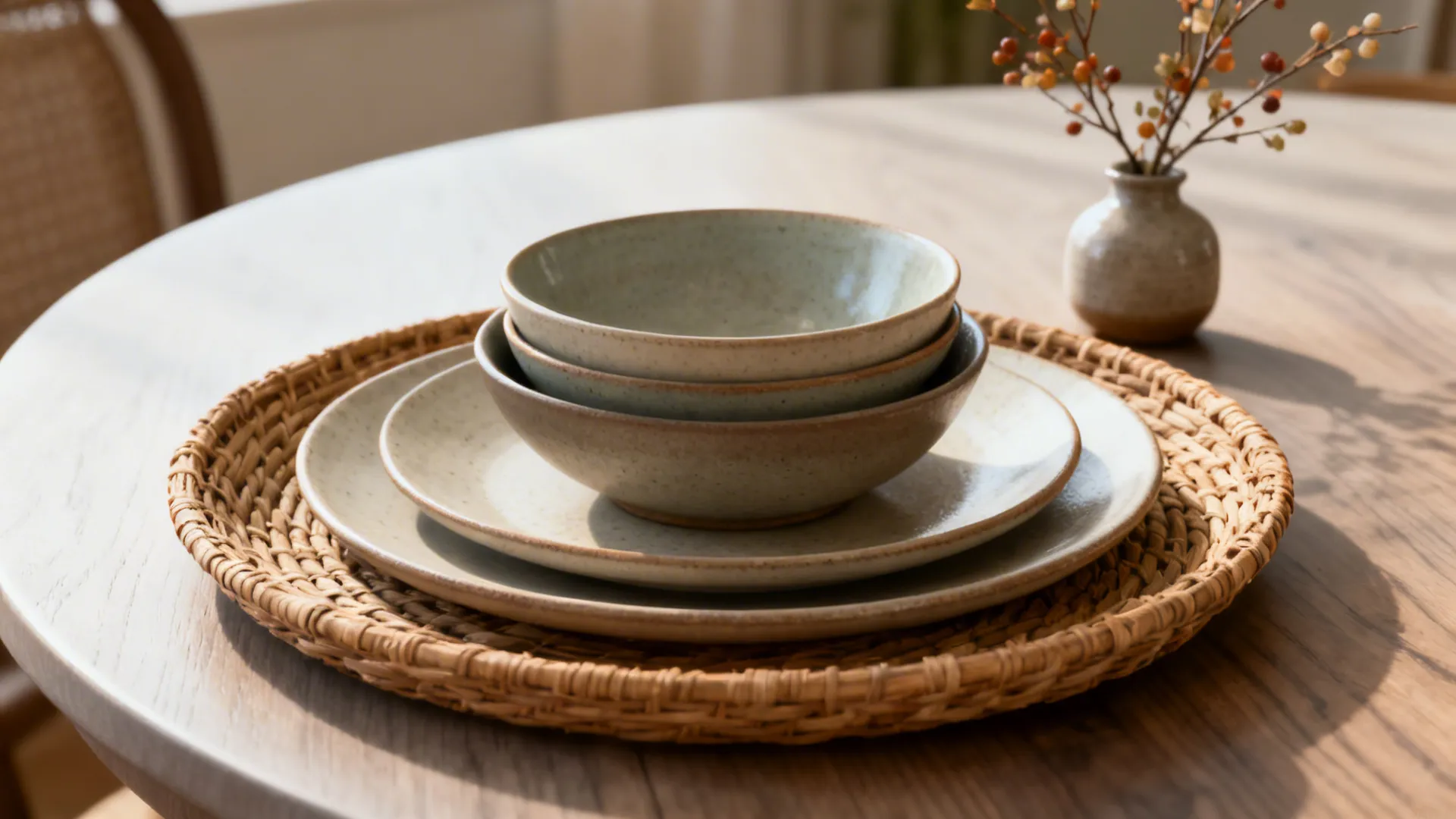 Close-up of a woven tray with ceramic bowls and a small vase of branches on a wooden round table.