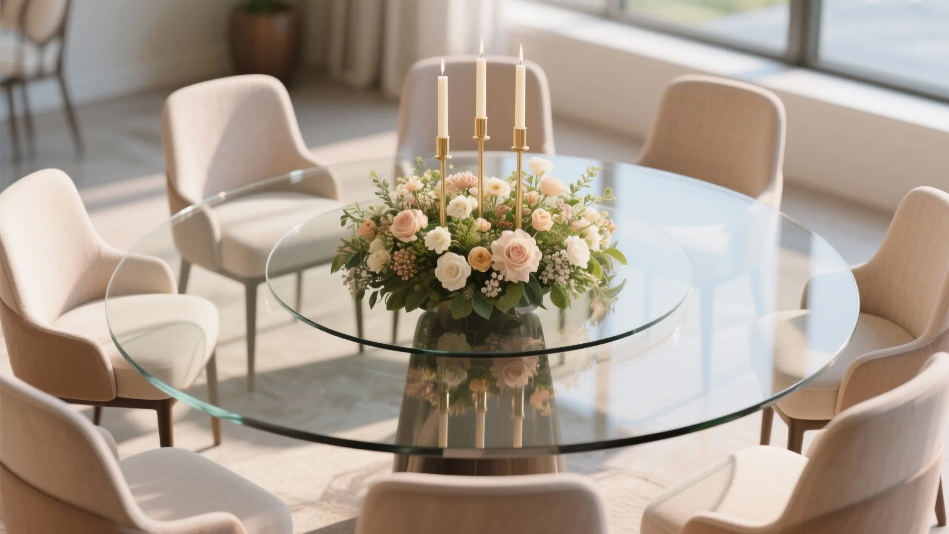 Round glass dining table with flower centerpiece and gold candles surrounded by beige chairs indoors