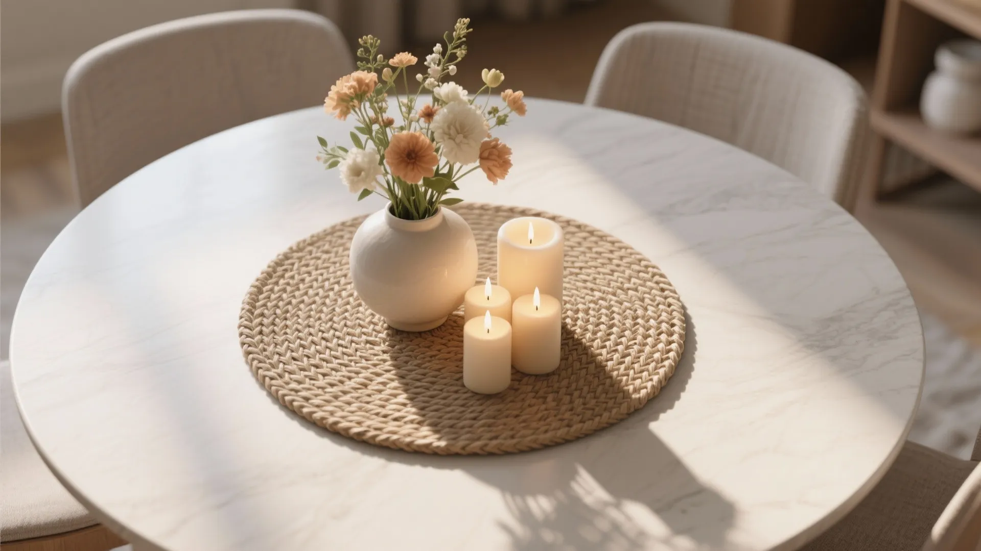 Layered centerpiece with woven placemat, vase, and candles