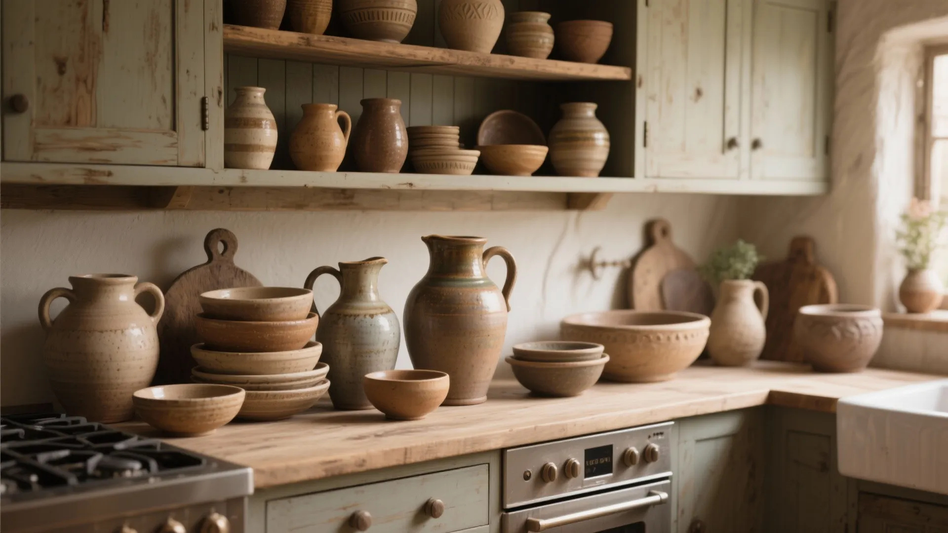Rustic kitchen wooden countertop with many earth toned ceramic bowls jugs and pots on shelves