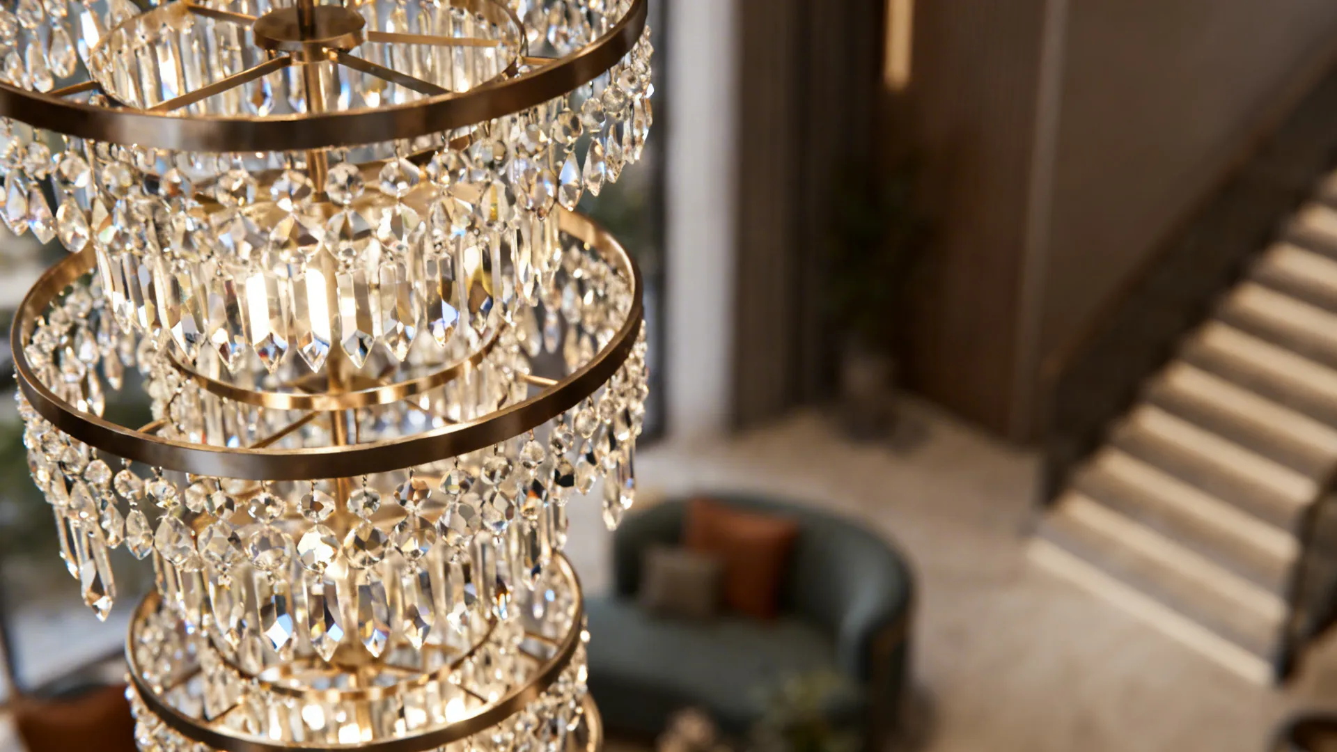 Close-up of a multi-tiered crystal chandelier with warm ambient reflections above a living area.