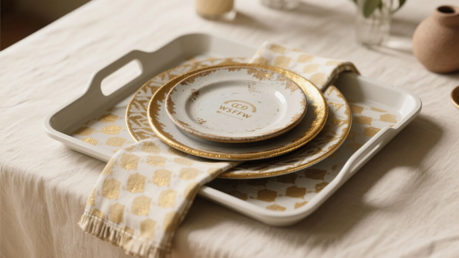 Layered place setting using a painted plastic tray as a charger, patterned napkin and ceramic plate to mimic expensive chargers.