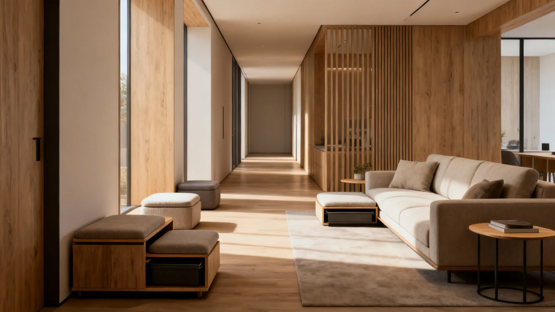 Modern wooden hallway featuring beige sofa on rug and small footrests under bright natural light