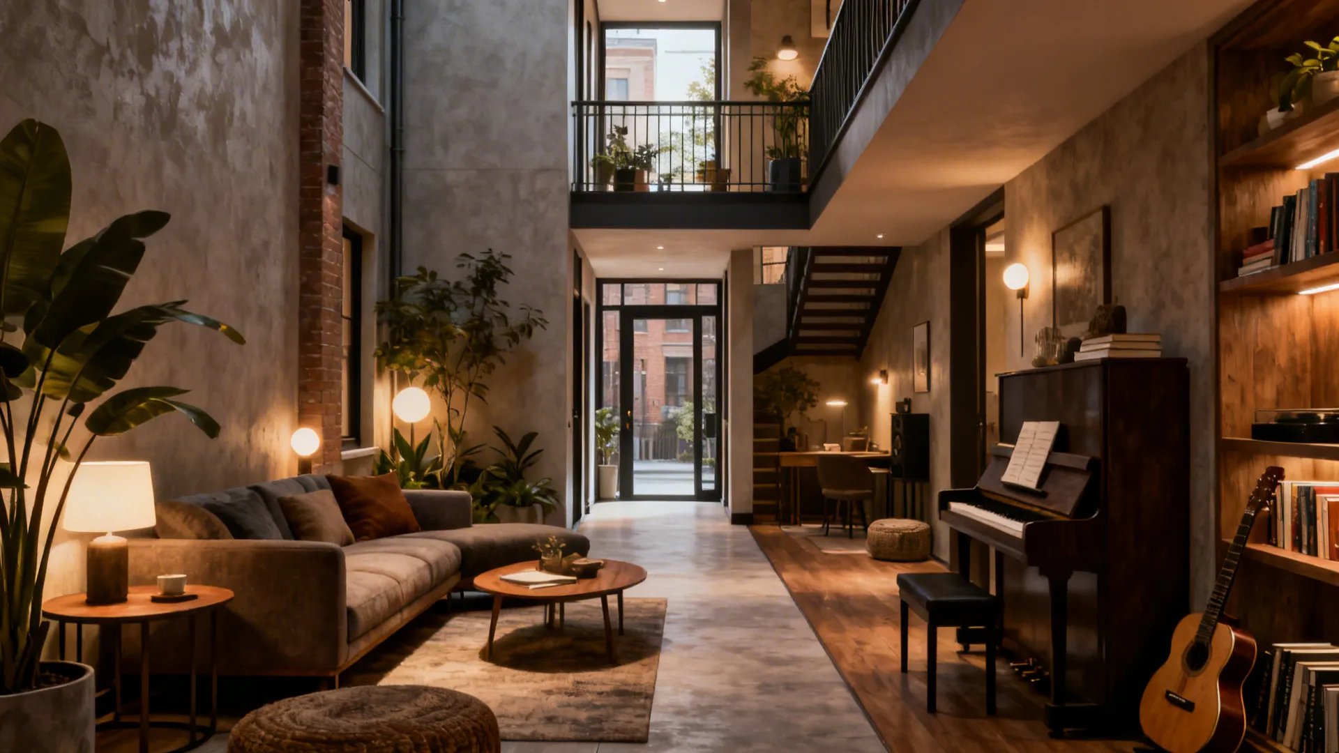 Central circulation path flanked by layered seating, plants, and side tables in a narrow living room.